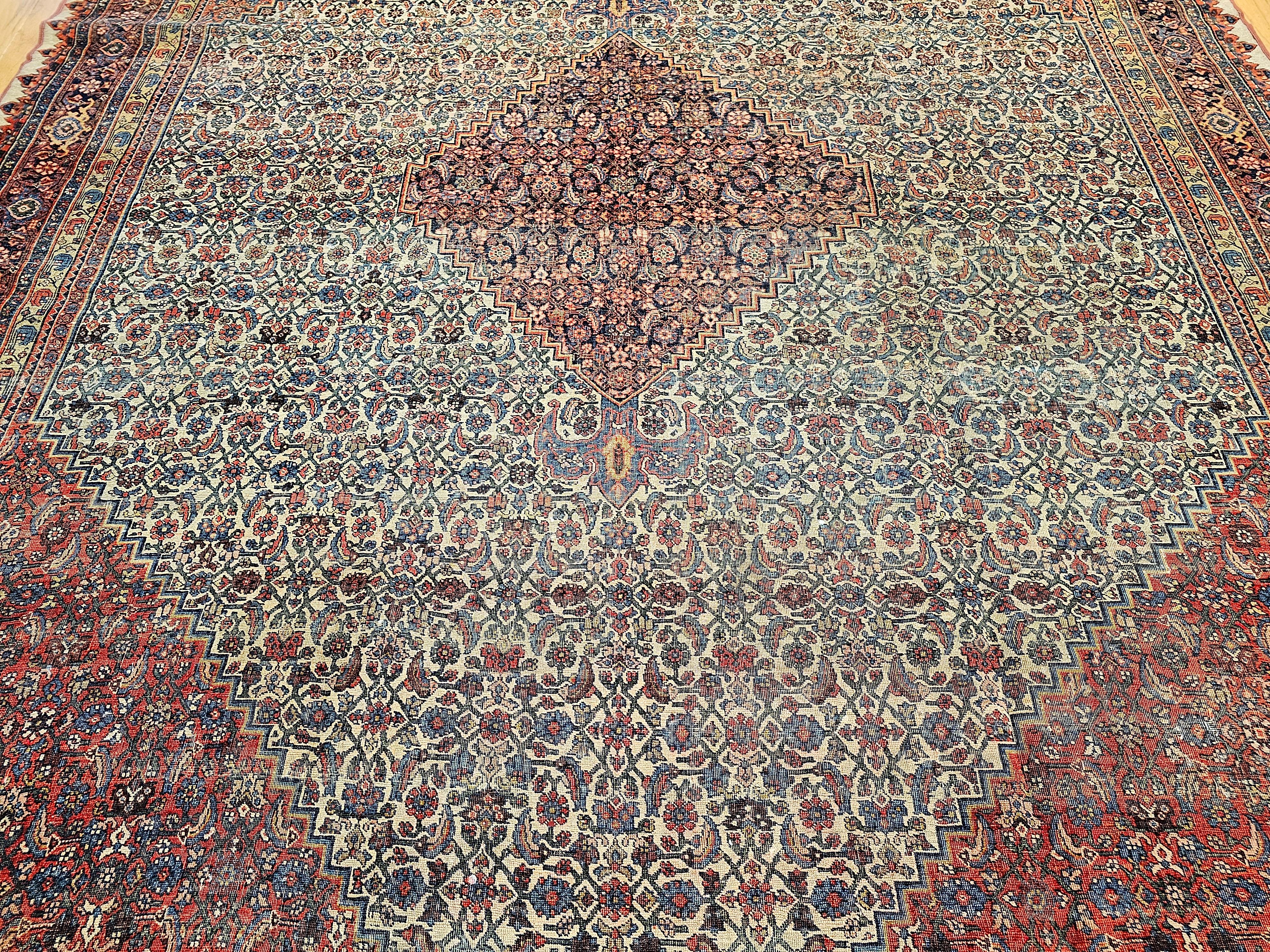 Wool 19th Century Persian Bidjar in Herati Geometric Pattern in Ivory, Red, Blue For Sale