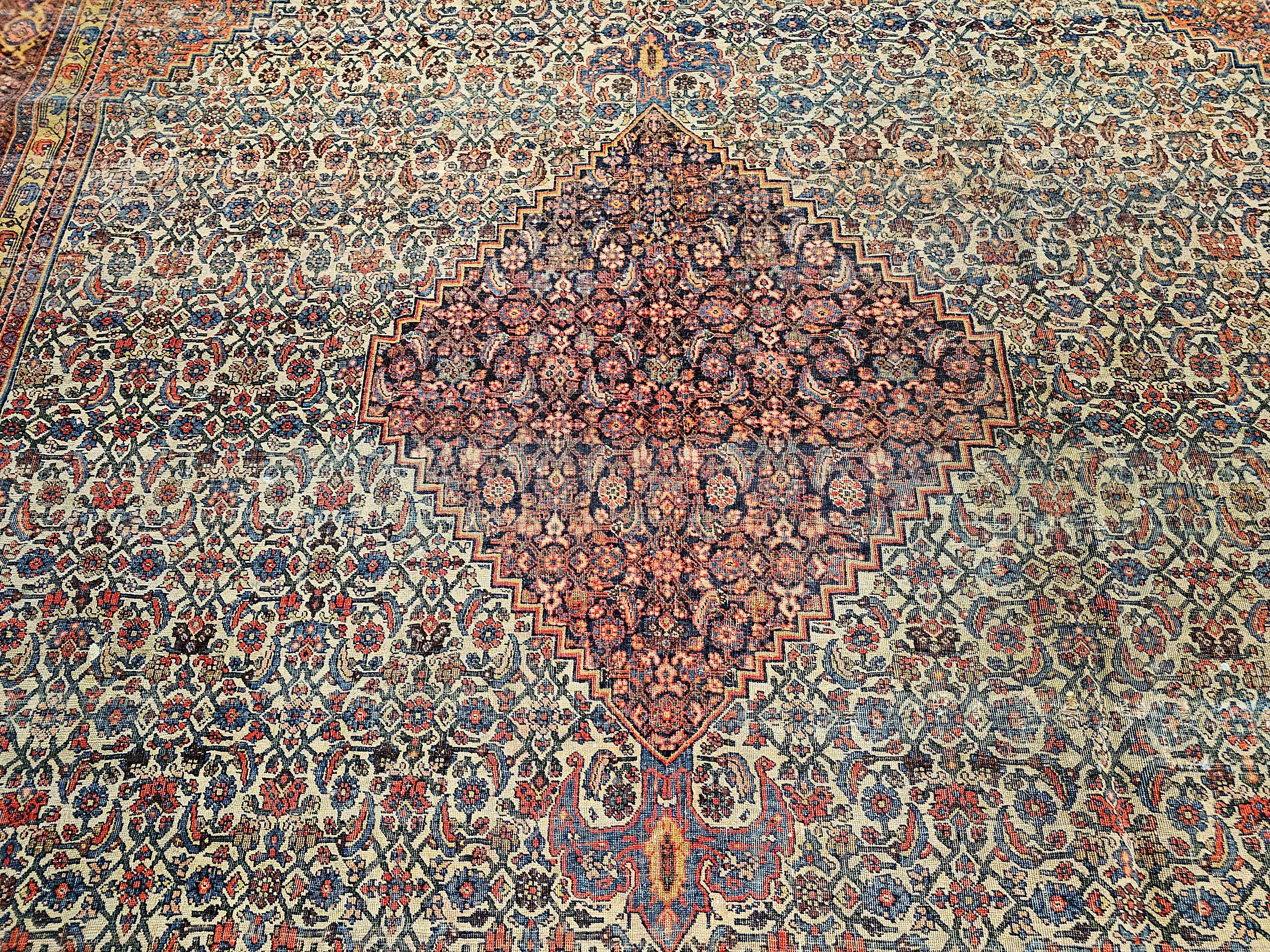19th Century Persian Bidjar in Herati Geometric Pattern in Ivory, Red, Blue For Sale 1