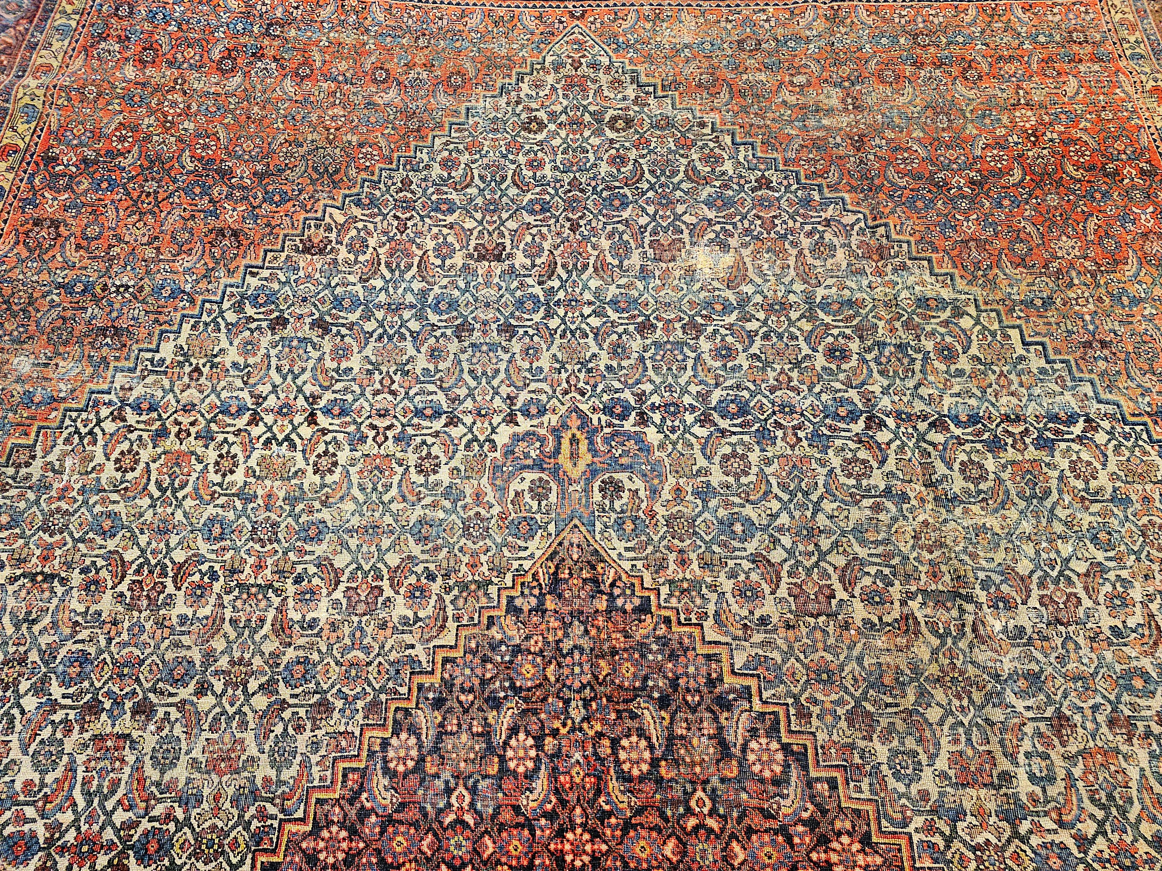 19th Century Persian Bidjar in Herati Geometric Pattern in Ivory, Red, Blue For Sale 2
