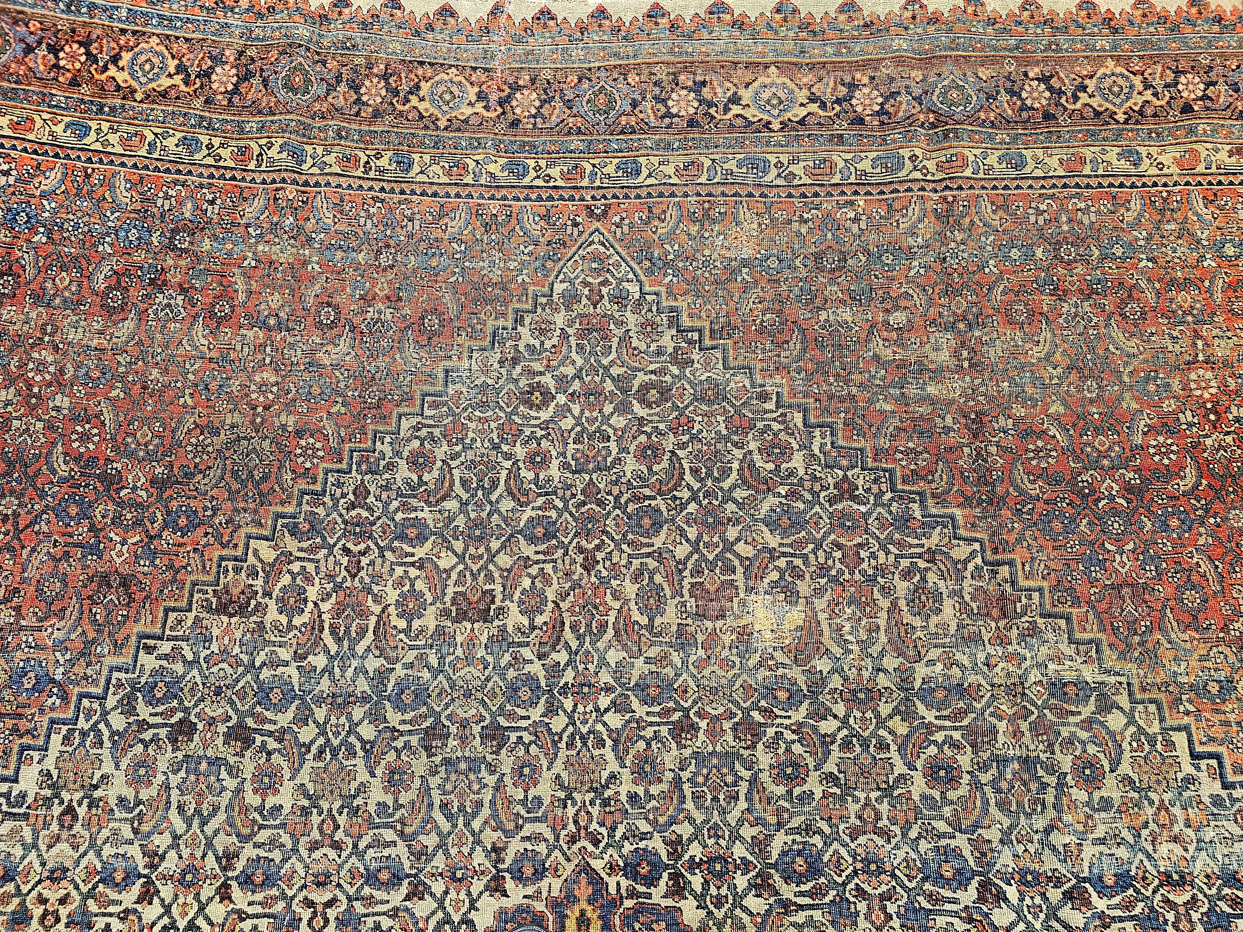 19th Century Persian Bidjar in Herati Geometric Pattern in Ivory, Red, Blue For Sale 3