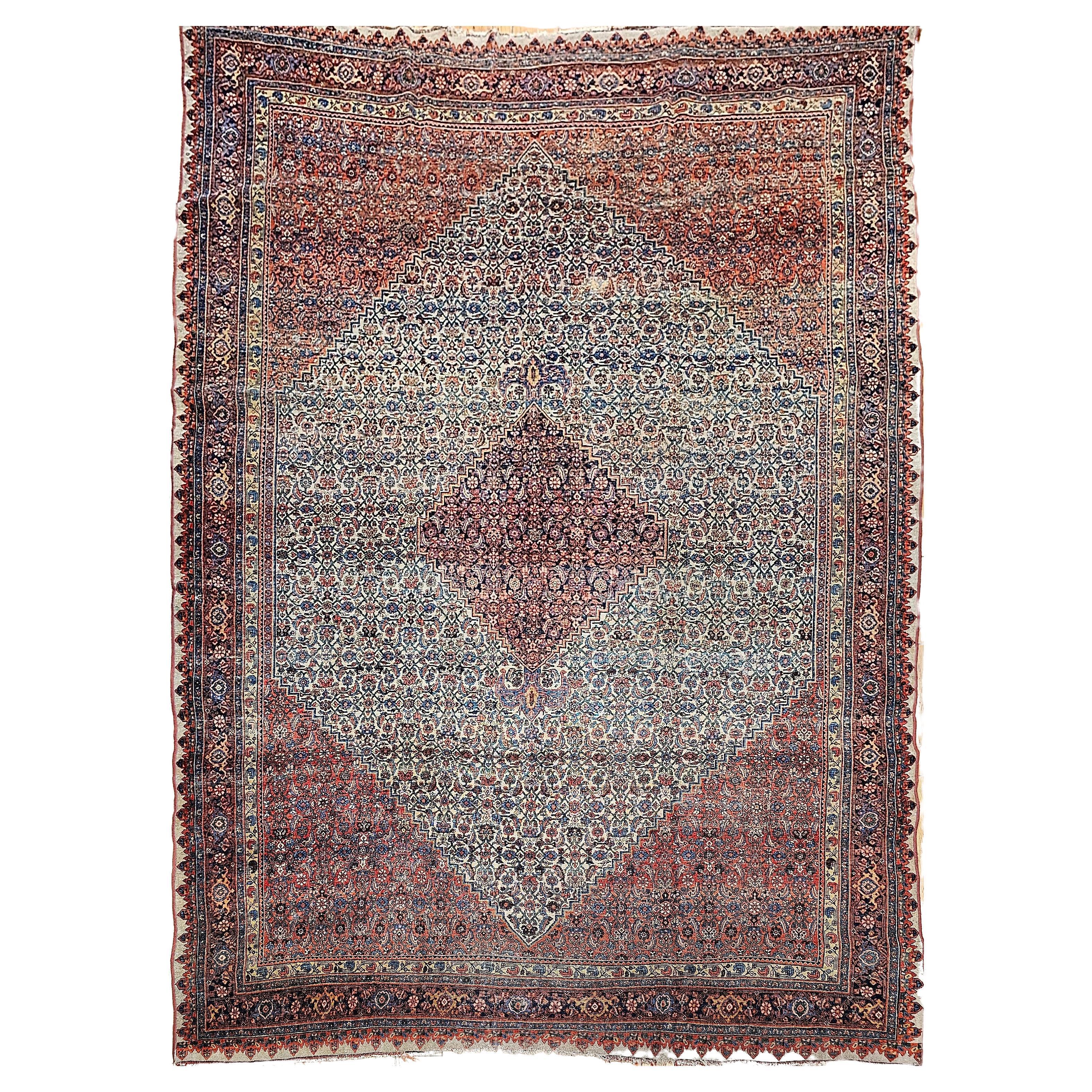 19th Century Persian Bidjar in Herati Geometric Pattern in Ivory, Red, Blue For Sale