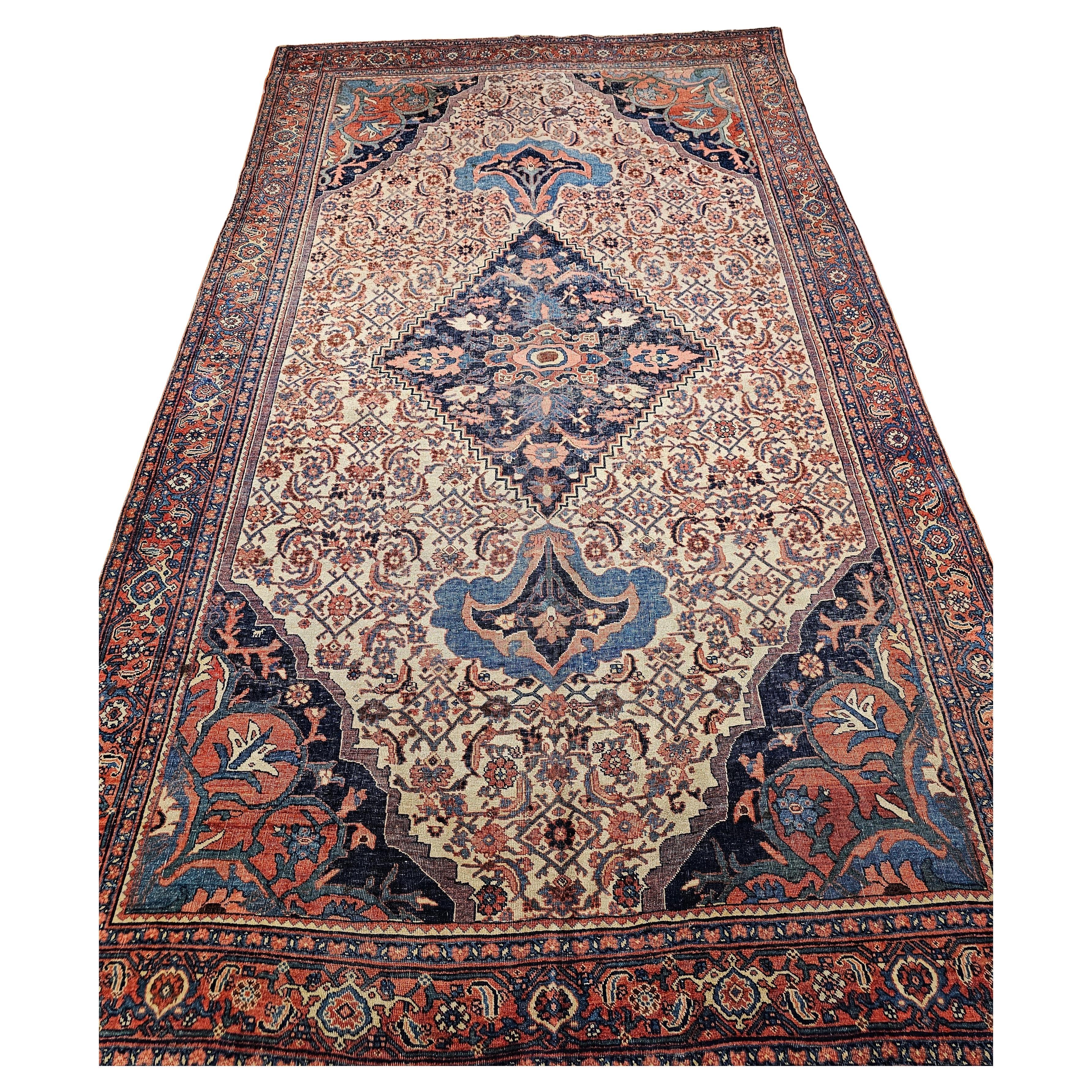 19th Century Persian Bidjar Rug in Ivory, Navy, Red, Turquoise, Blue For Sale