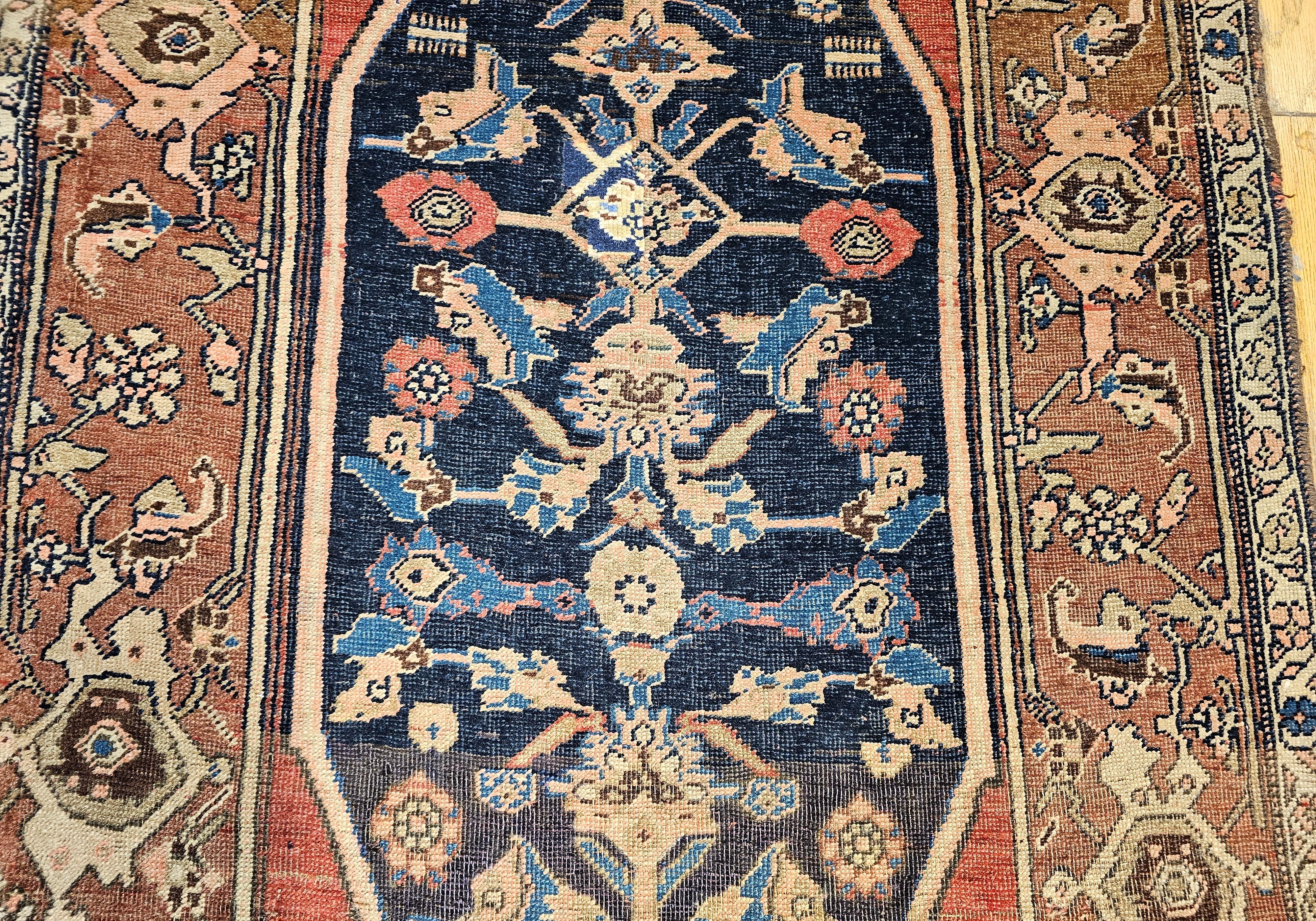 Runner persiano Bidjar del XIX secolo in rosso terracotta, marina, marrone avorio in vendita 1