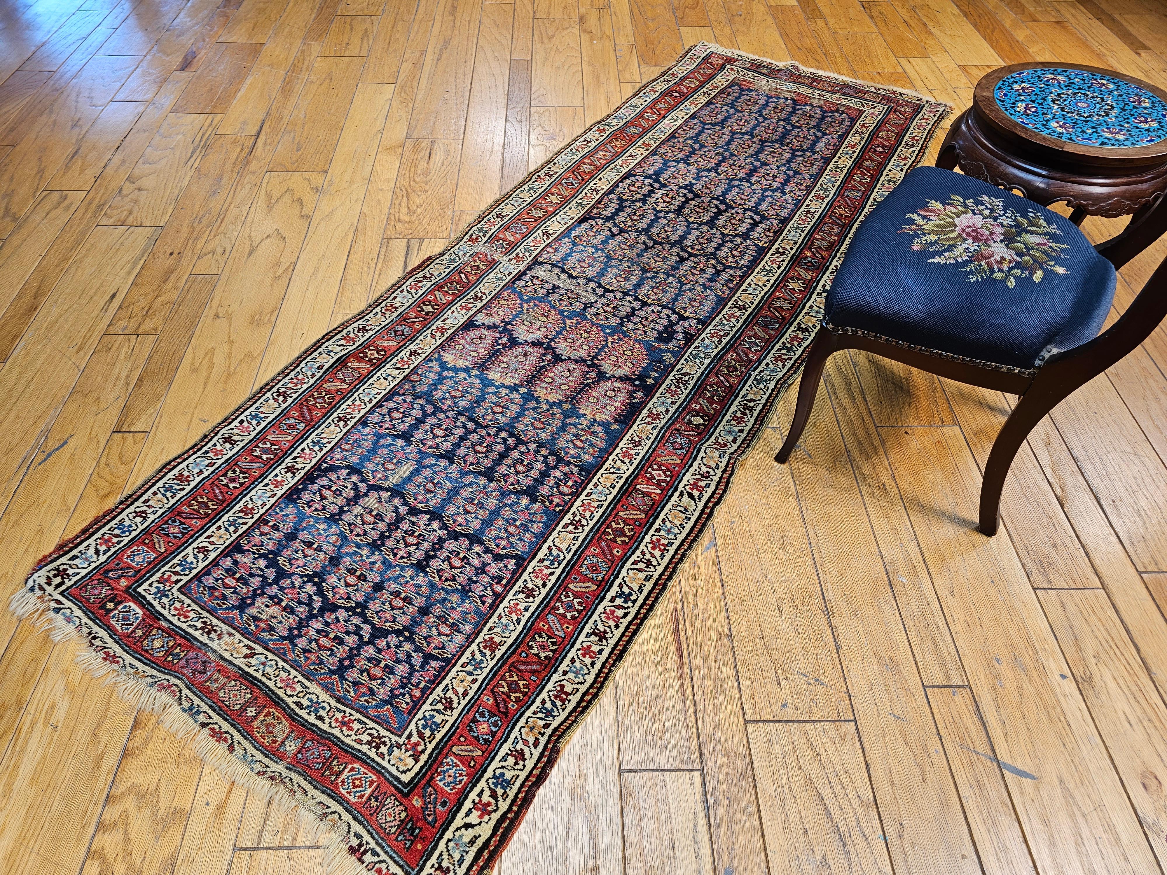 19th Century Persian Kurdish Bidjar Runner in Allover Paisley Pattern in Blue For Sale 5
