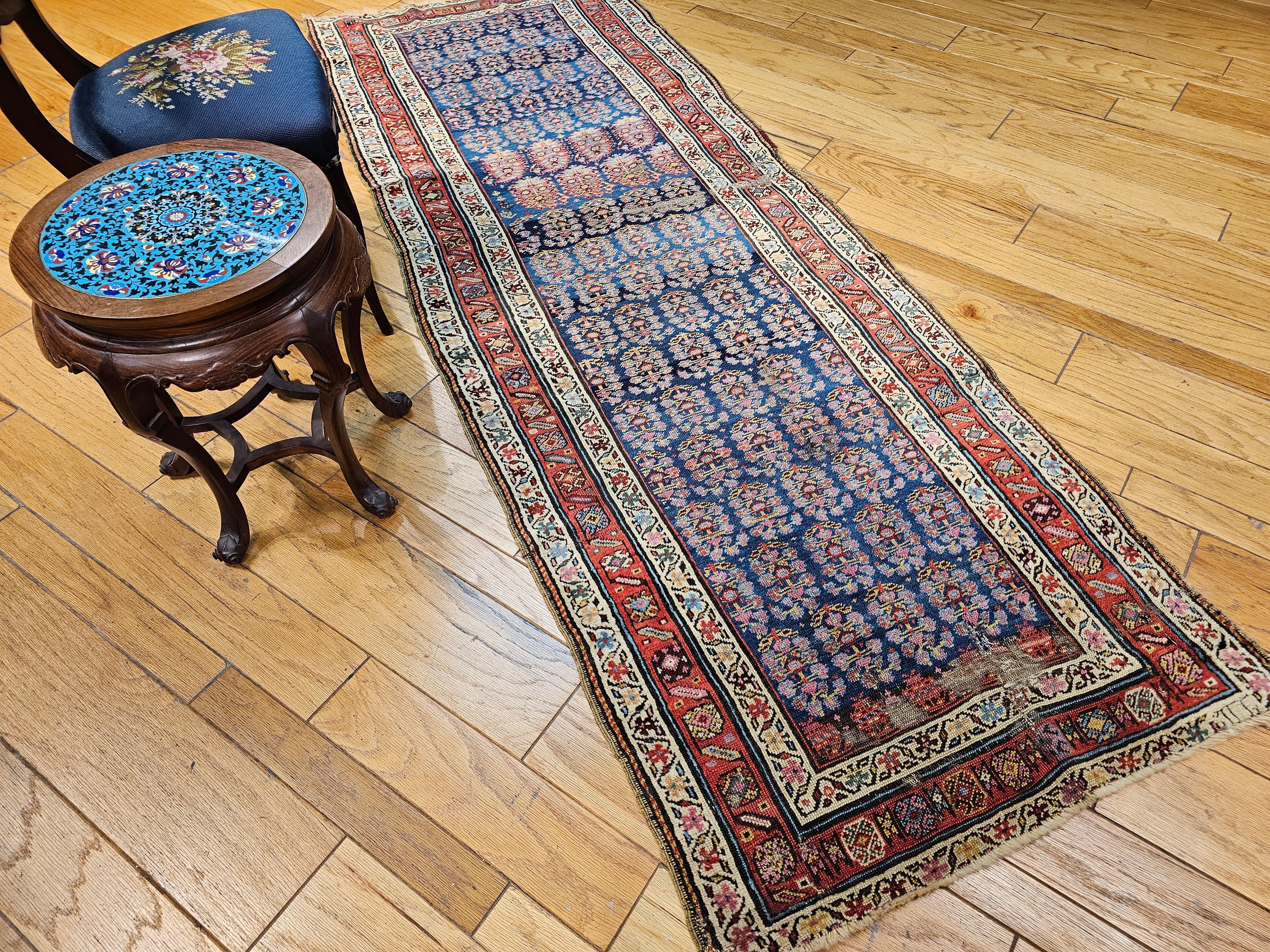 19th Century Persian Kurdish Bidjar Runner in Allover Paisley Pattern in Blue For Sale 6