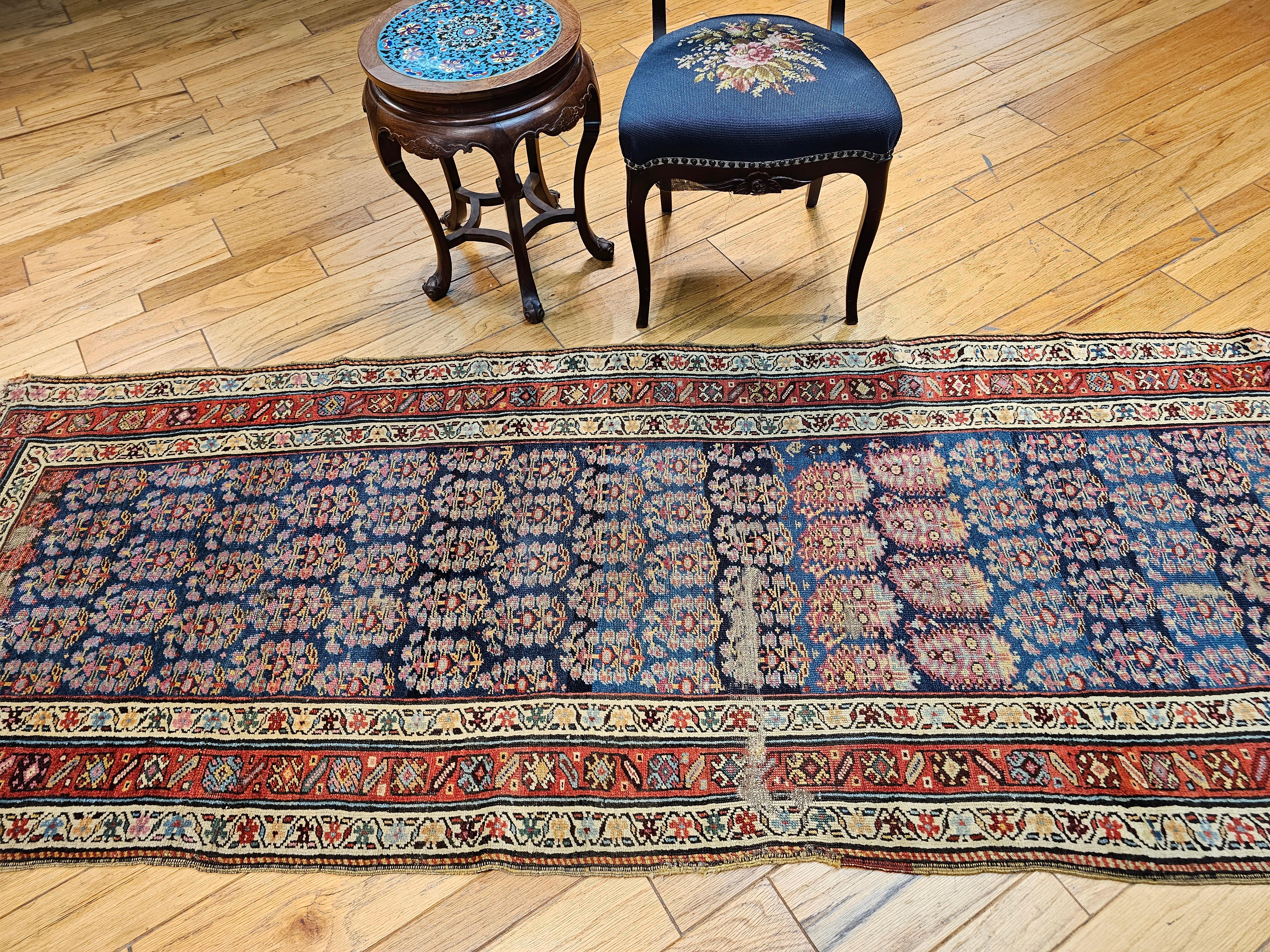 19th Century Persian Kurdish Bidjar Runner in Allover Paisley Pattern in Blue For Sale 7