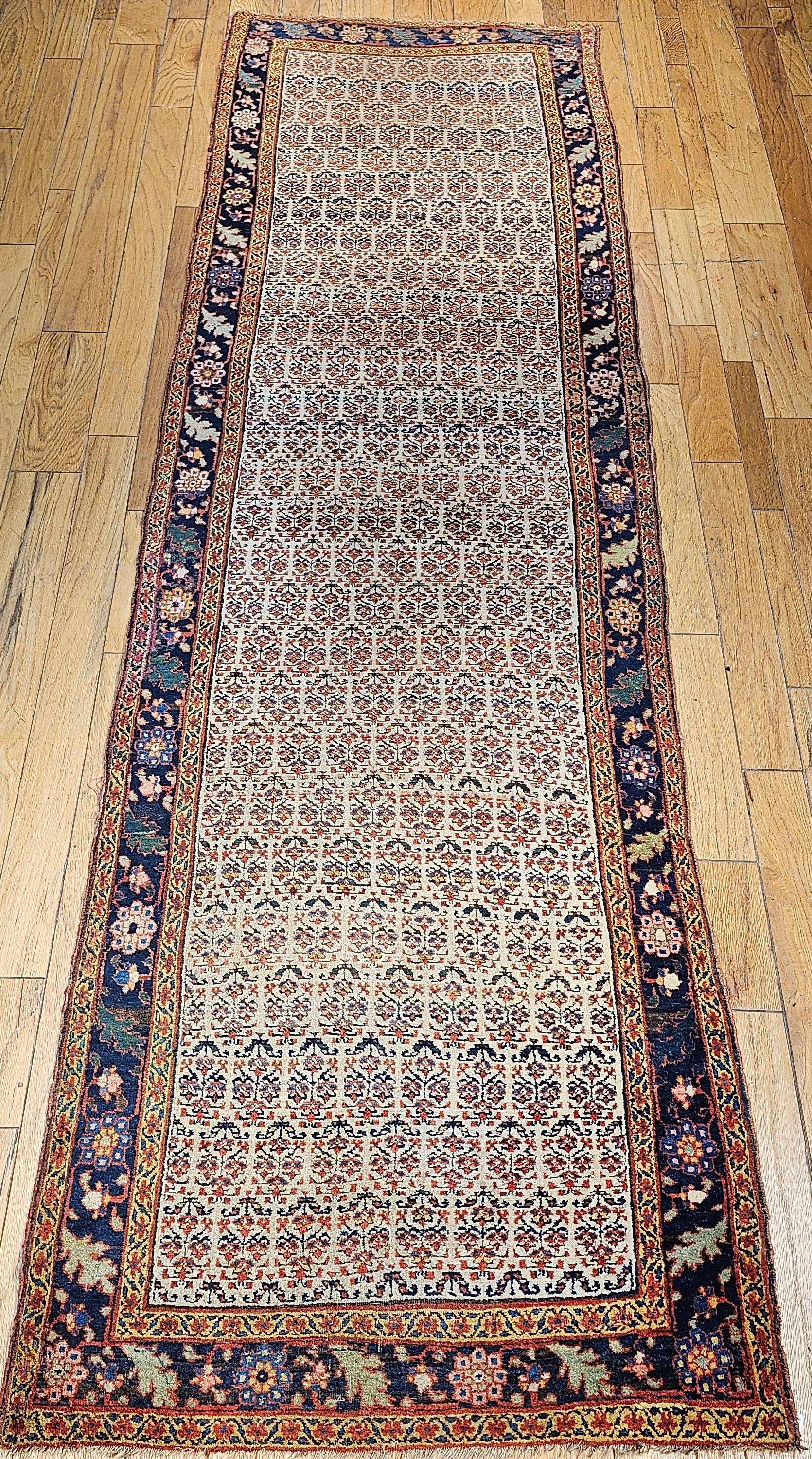 Vegetable Dyed 19th Century Persian Bidjar Wide Runner in Allover Pattern in Ivory, Navy, Green For Sale