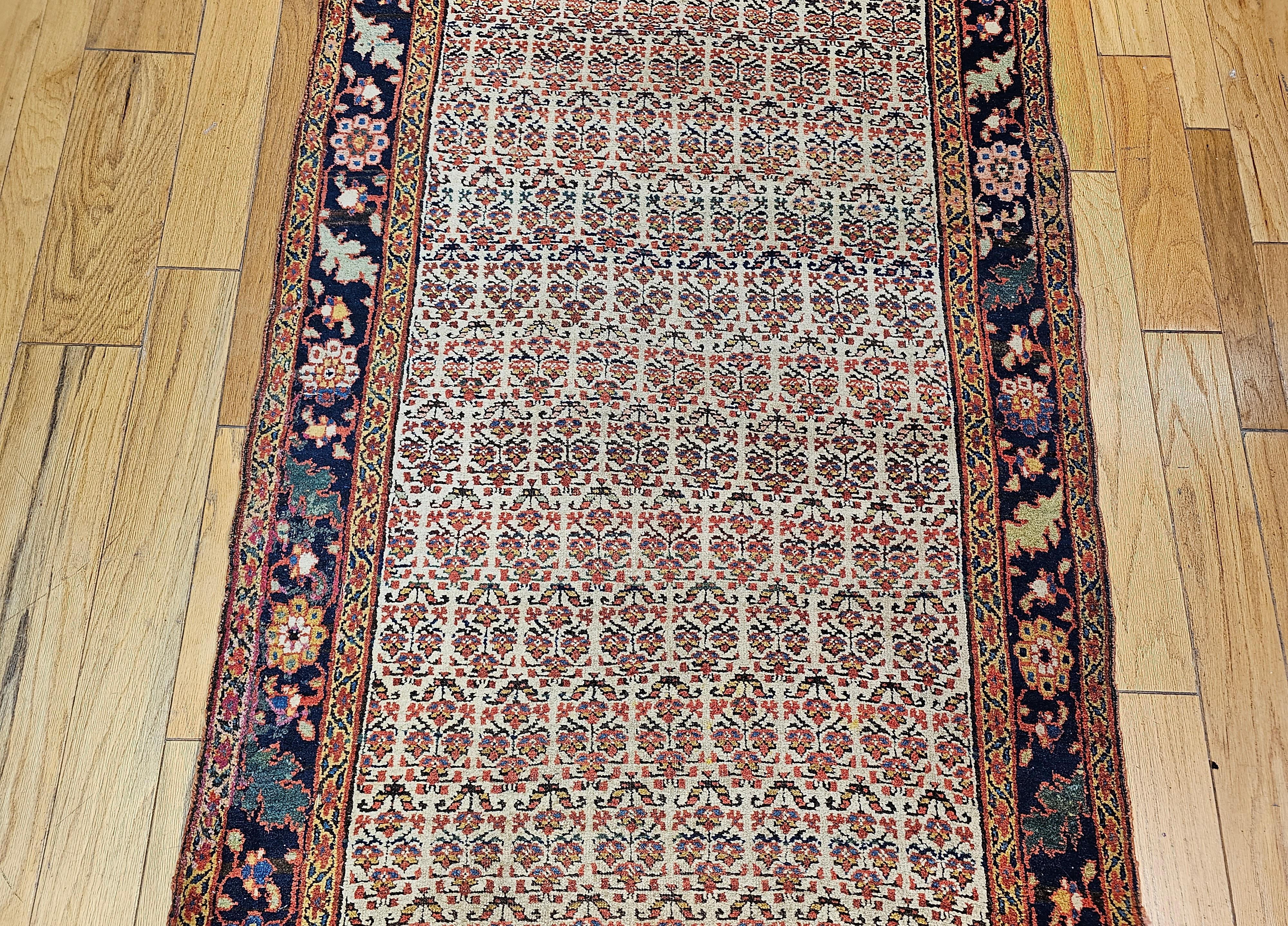 19th Century Persian Bidjar Wide Runner in Allover Pattern in Ivory, Navy, Green In Good Condition For Sale In Barrington, IL