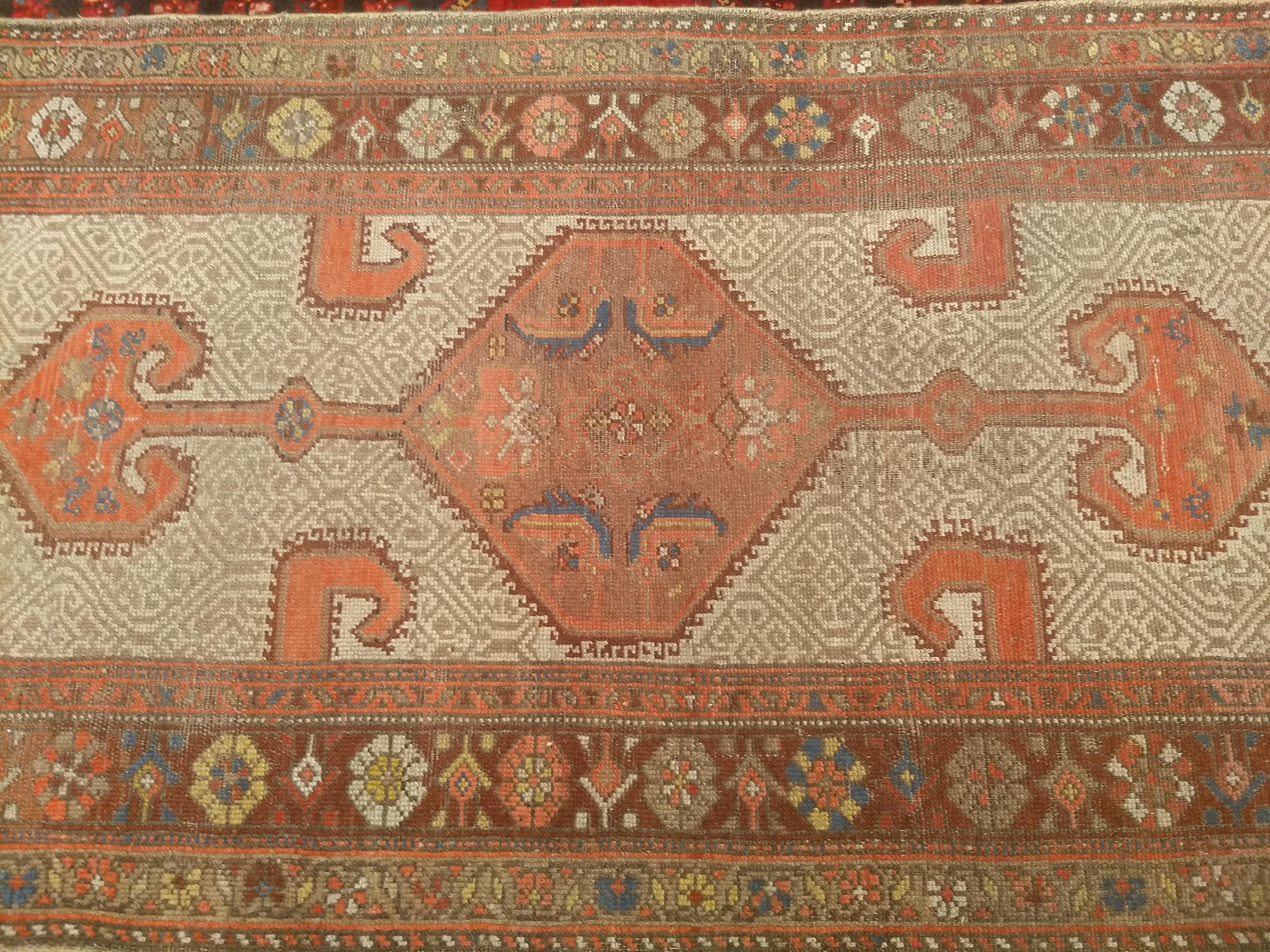 Vintage Persian Malayer Runner in Geometric Pattern in Camel, Burgundy, Red For Sale 6
