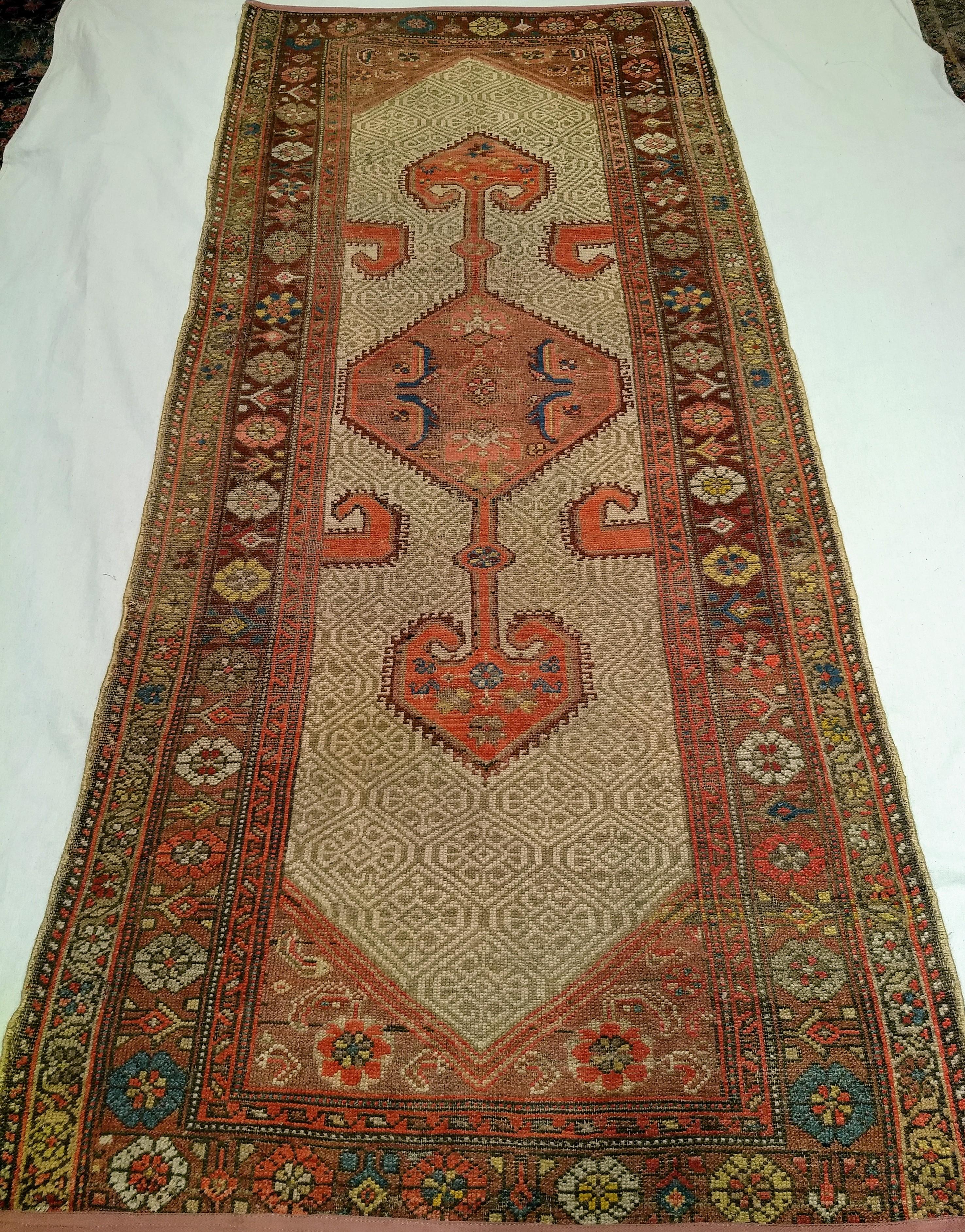 Vintage Persian Malayer Runner in Geometric Pattern in Camel, Burgundy, Red For Sale 7