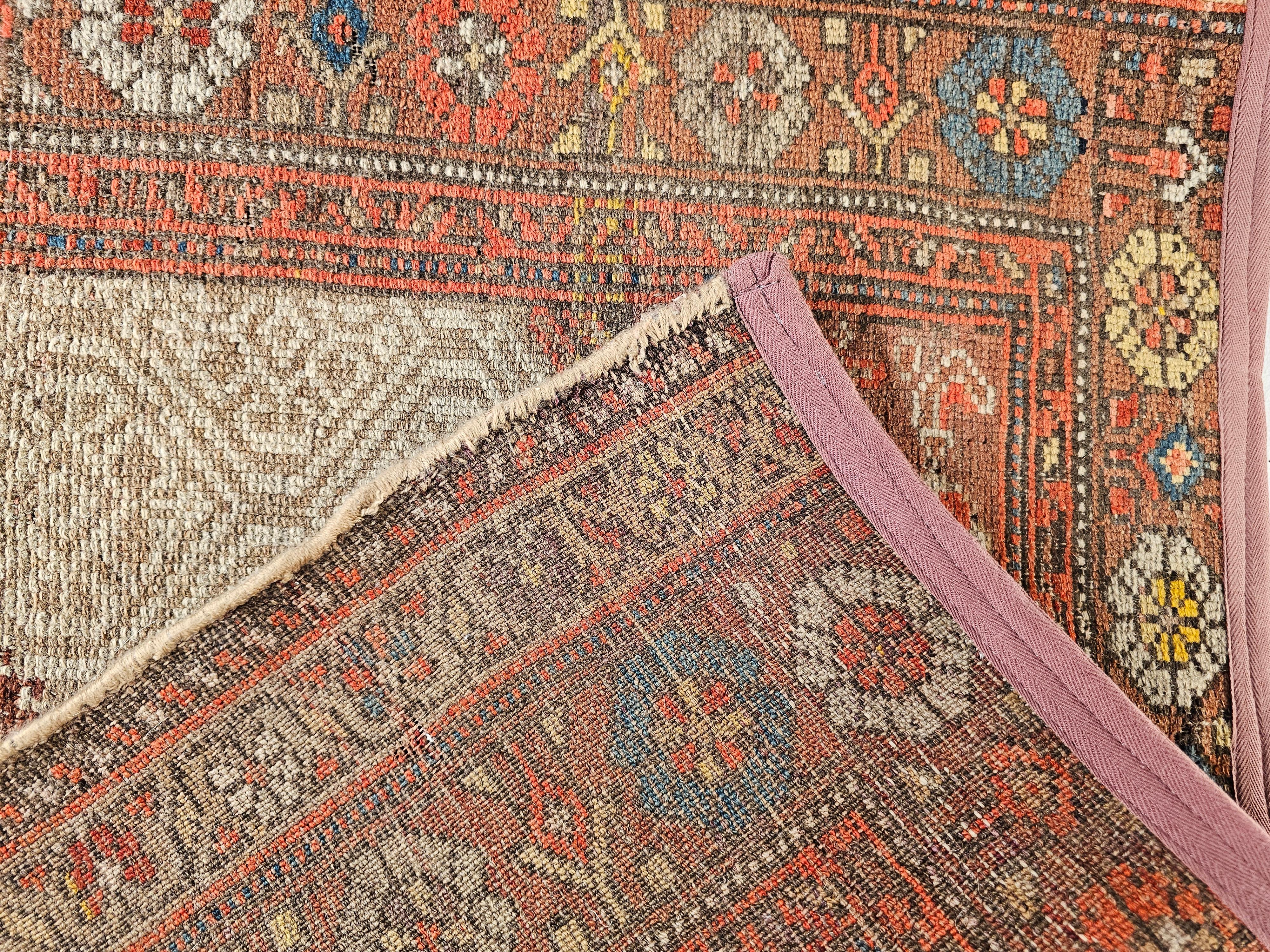 Vintage Persian Malayer Runner in Geometric Pattern in Camel, Burgundy, Red For Sale 9