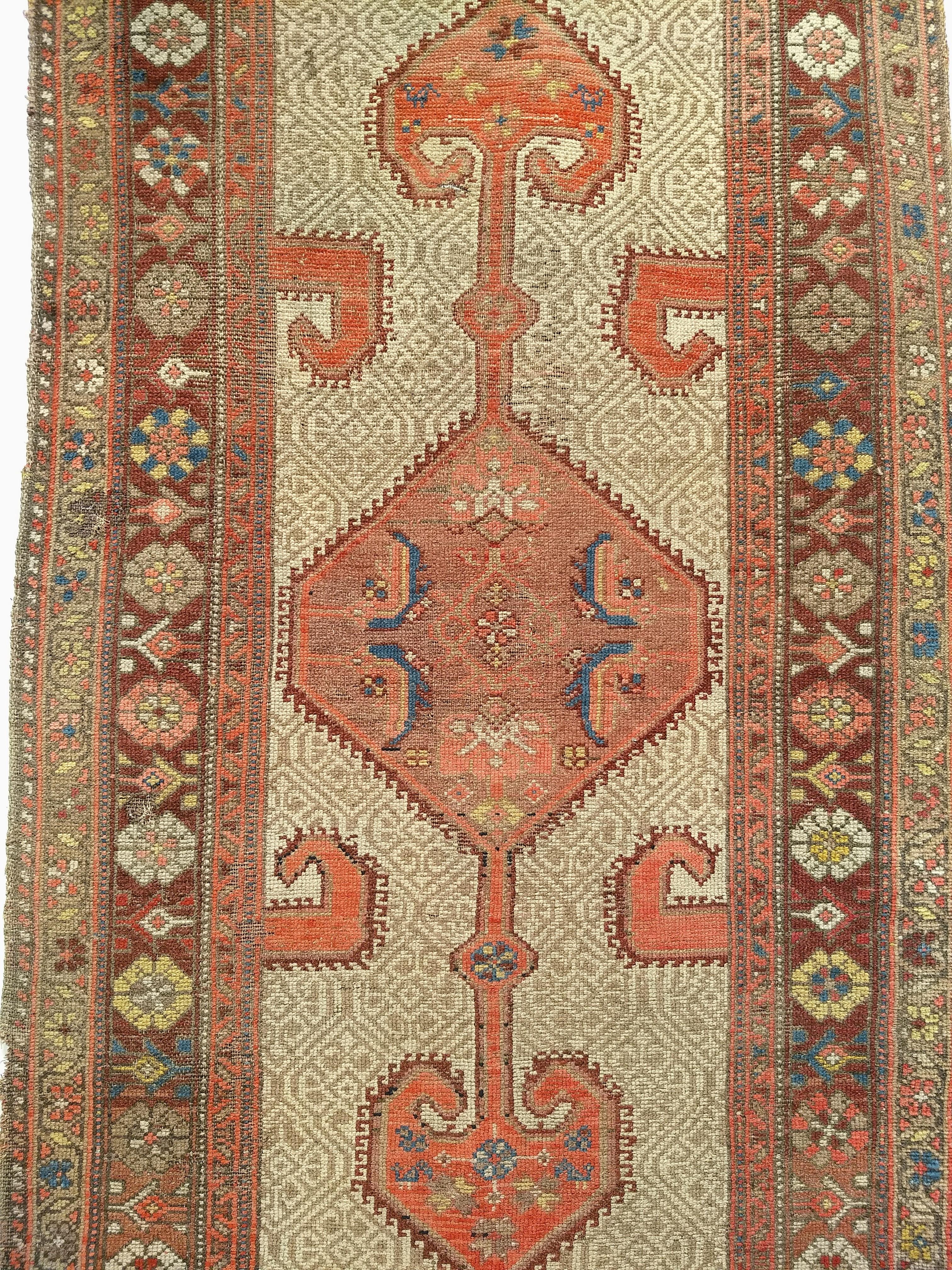 Vegetable Dyed Vintage Persian Malayer Runner in Geometric Pattern in Camel, Burgundy, Red For Sale