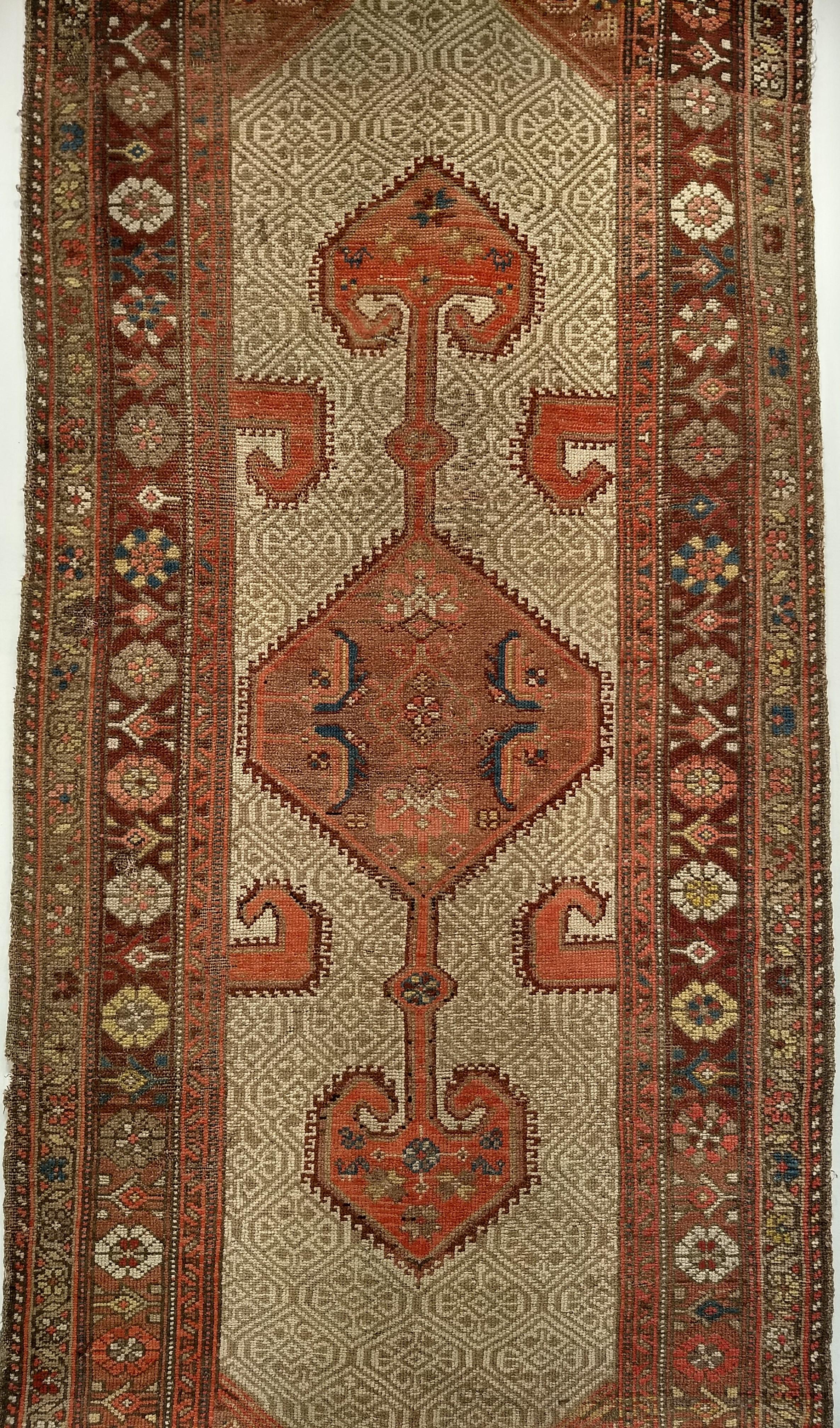 Vintage Persian Malayer Runner in Geometric Pattern in Camel, Burgundy, Red In Good Condition For Sale In Barrington, IL