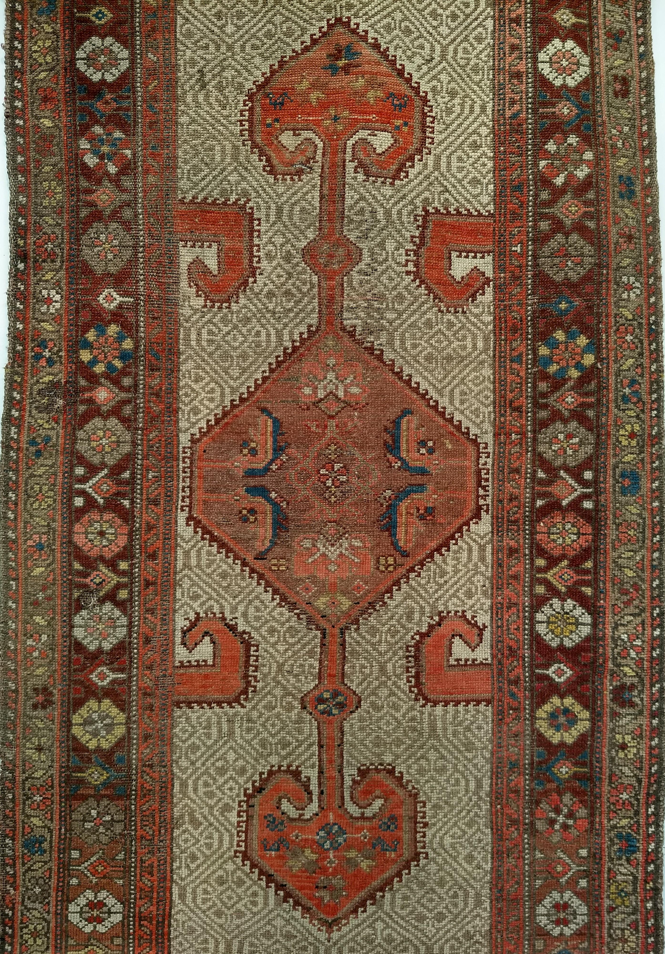 19th Century Vintage Persian Malayer Runner in Geometric Pattern in Camel, Burgundy, Red For Sale