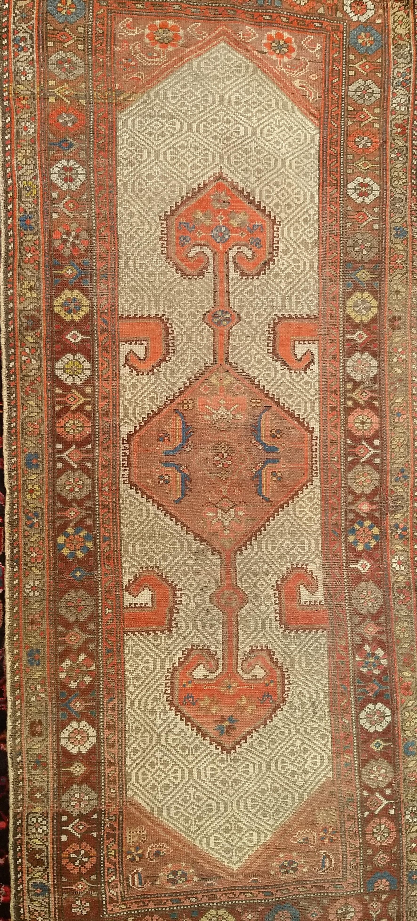 Wool Vintage Persian Malayer Runner in Geometric Pattern in Camel, Burgundy, Red For Sale