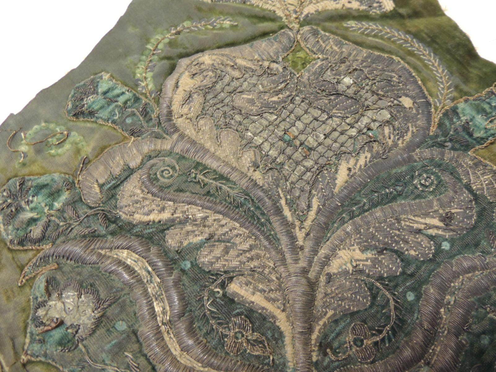 Antique Textile Collection:
19th Century Persian Embroidered Flower on Silk Textile, applique, hand work including silver metallic threads, twisted copper wires
and sequences. Embroidery was applied on to green silk velvet.
Could be great to cut out