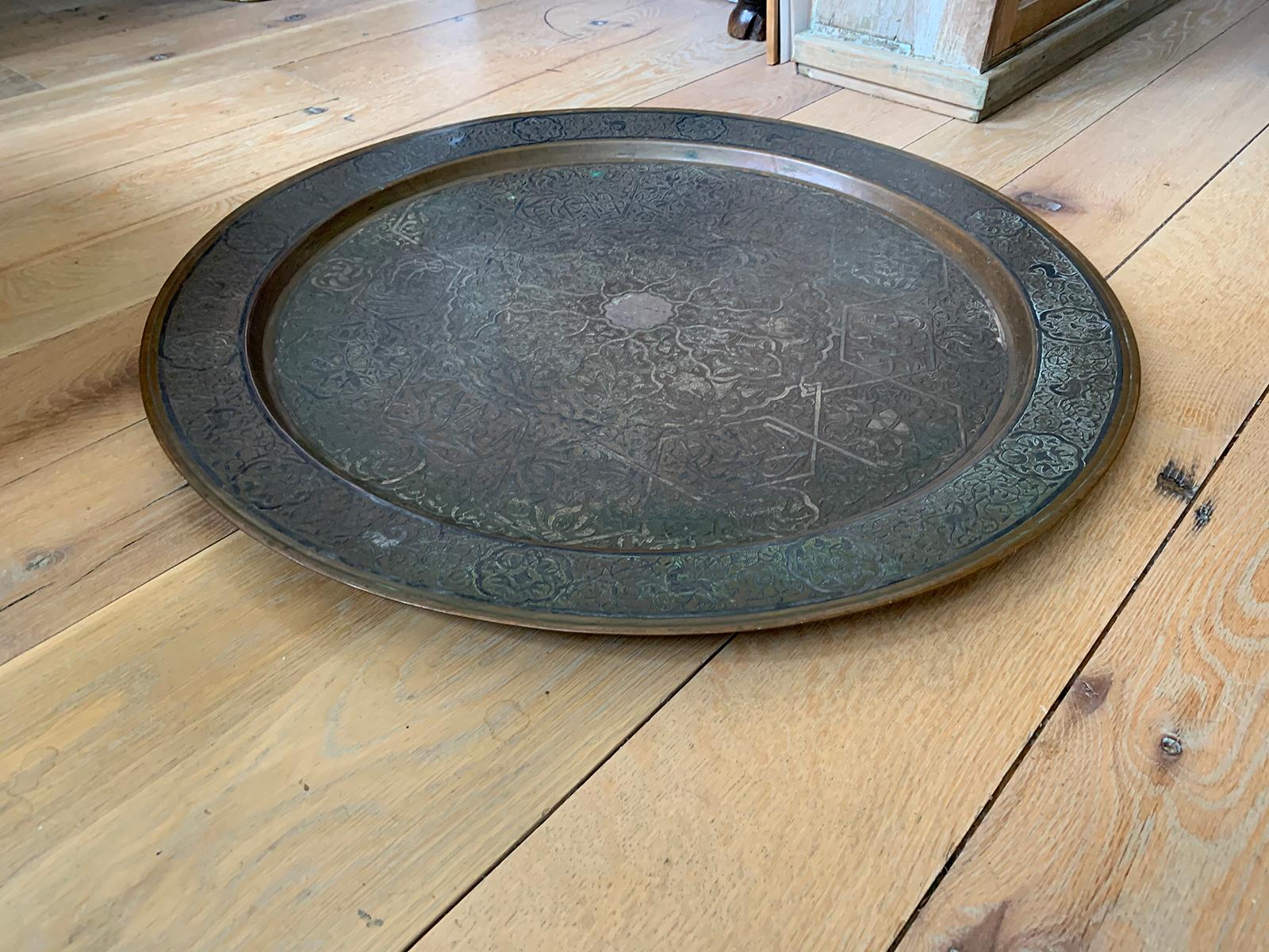 19th Century Persian Etched Copper and Inlaid Sterling Silver Round Tray In Good Condition For Sale In Atlanta, GA