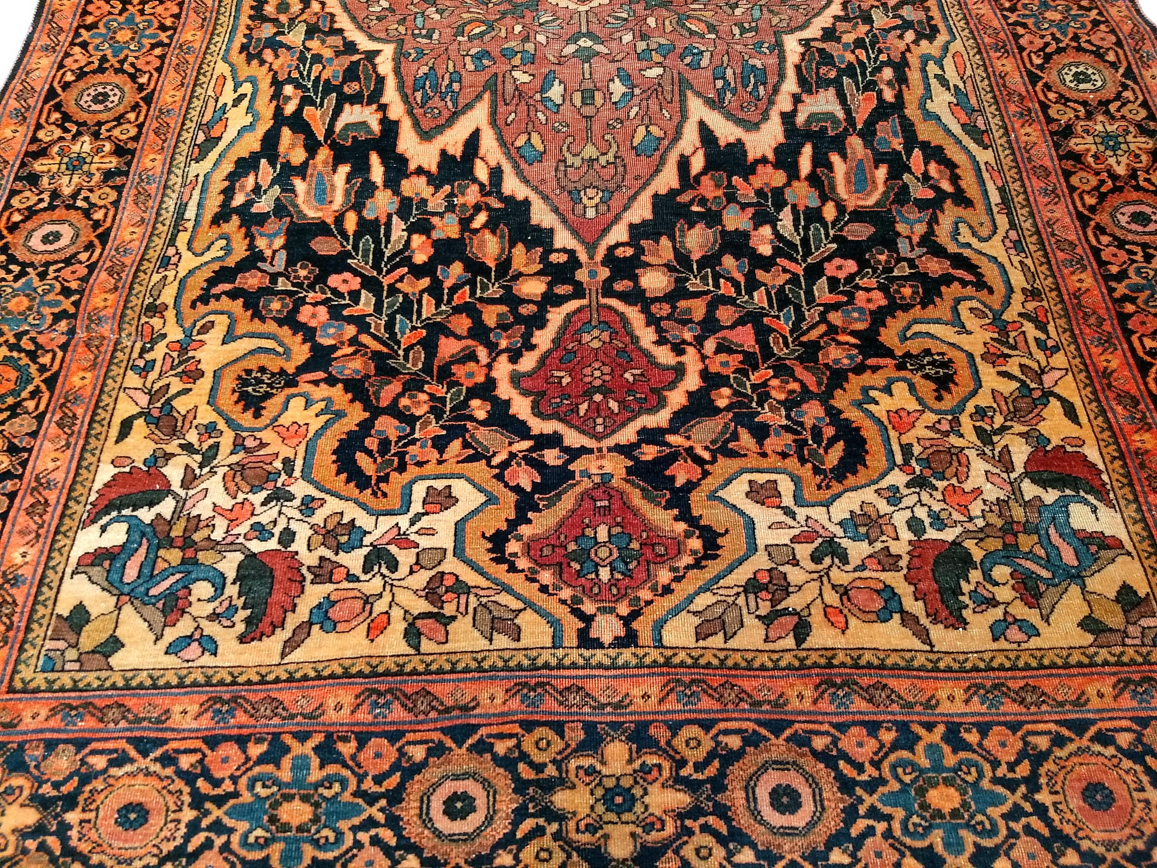 19th Century Persian Farahan Area Rug in Floral Pattern in Navy Blue, Plum Red For Sale 5