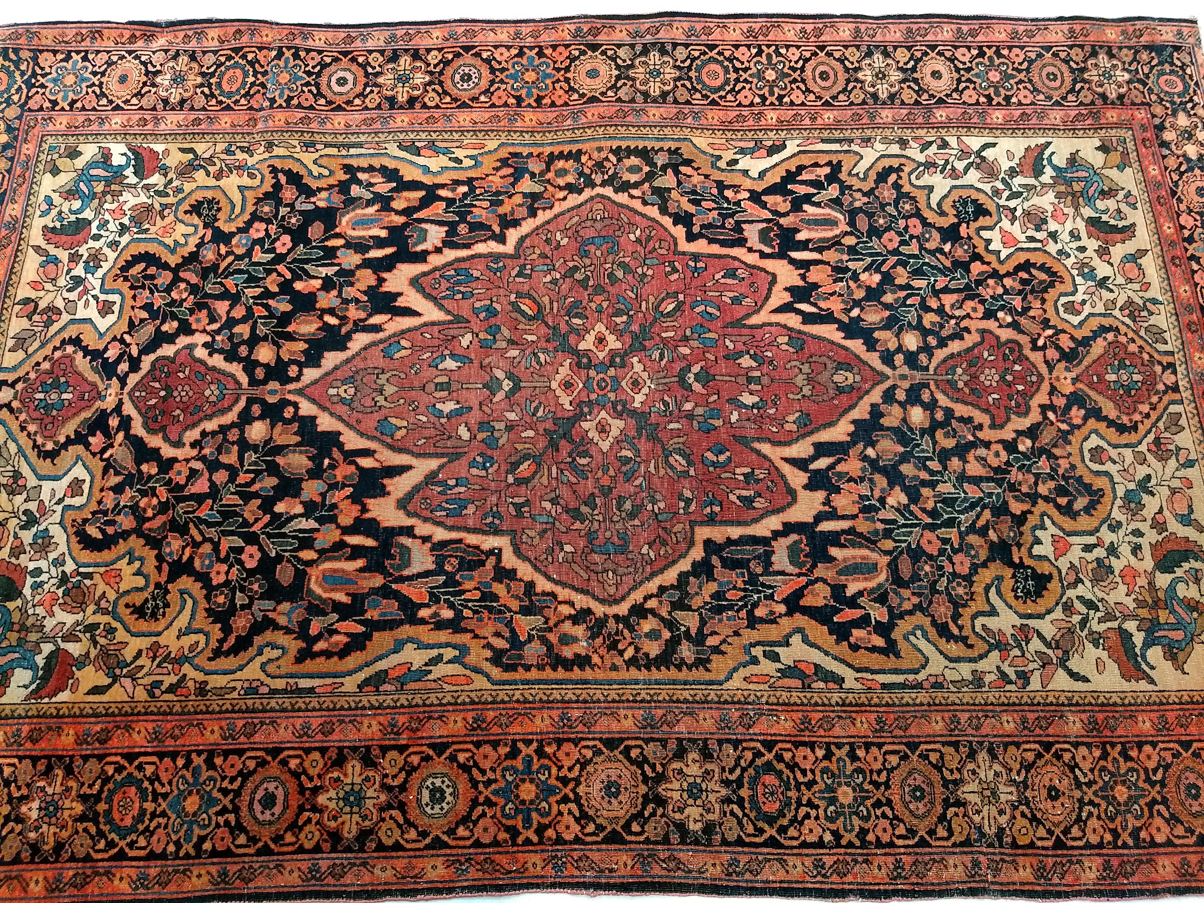 19th Century Persian Farahan Area Rug in Floral Pattern in Navy Blue, Plum Red For Sale 6