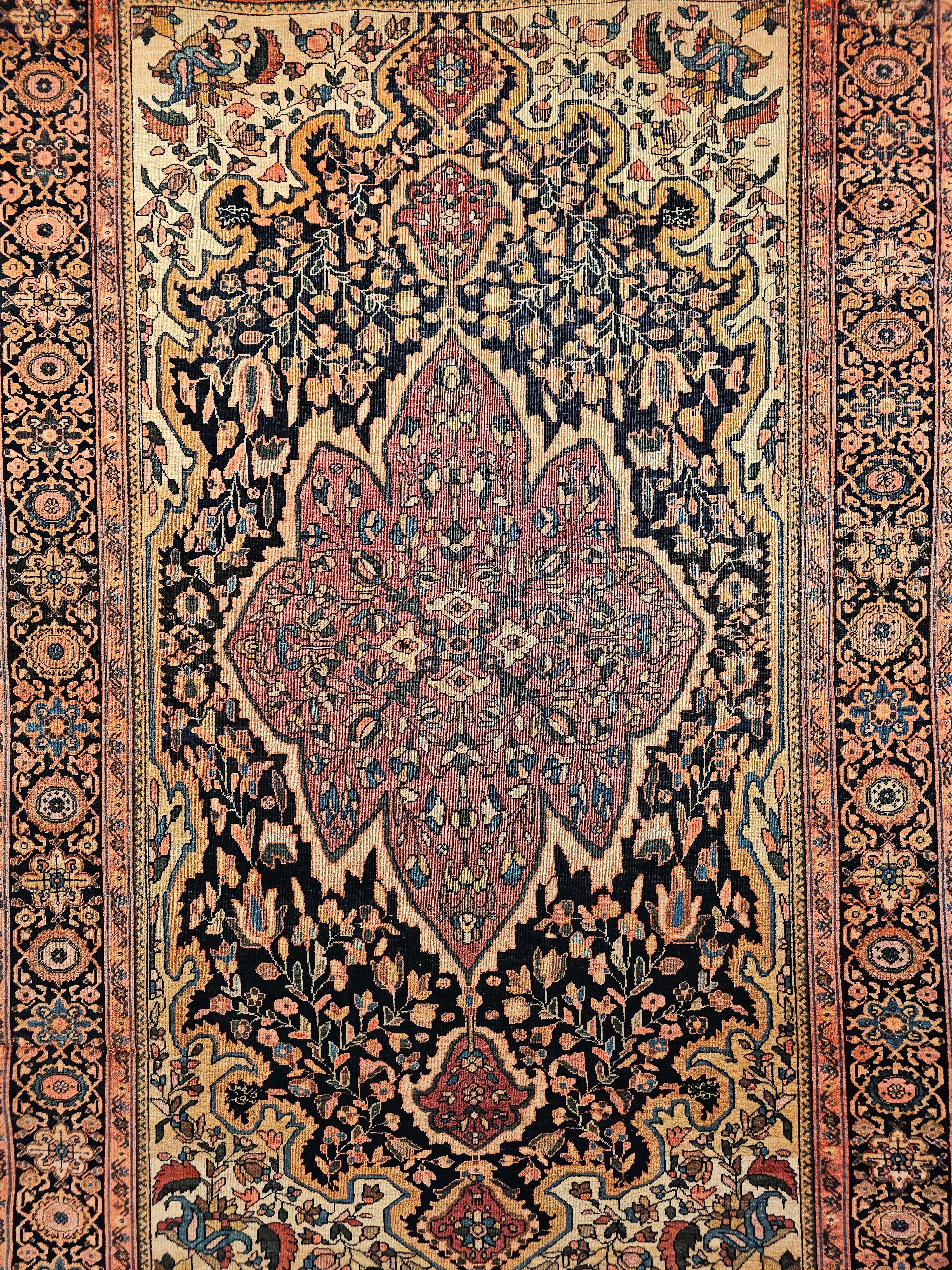 Hand-Knotted 19th Century Persian Farahan Area Rug in Floral Pattern in Navy Blue, Plum Red For Sale
