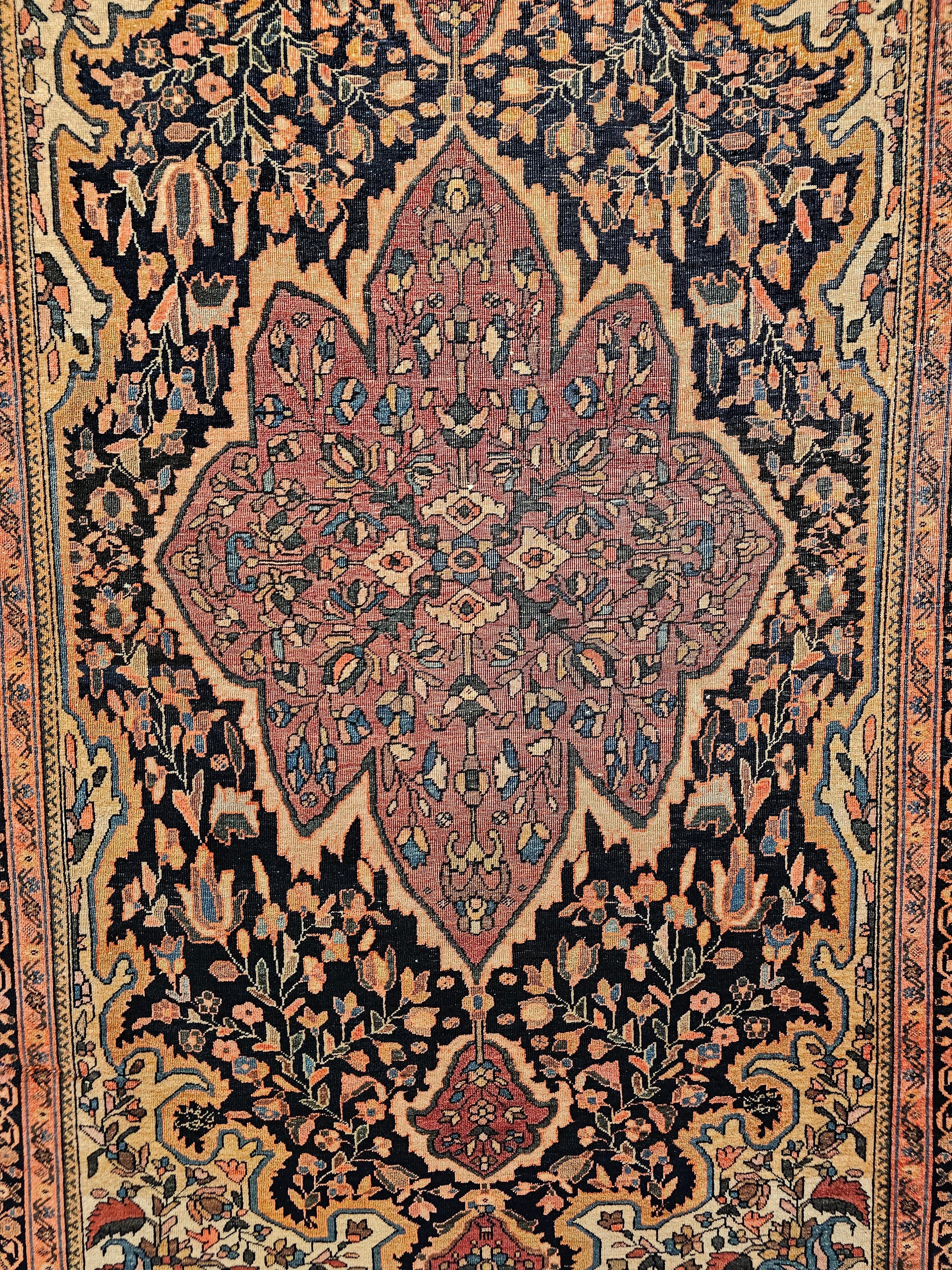19th Century Persian Farahan Area Rug in Floral Pattern in Navy Blue, Plum Red In Good Condition For Sale In Barrington, IL