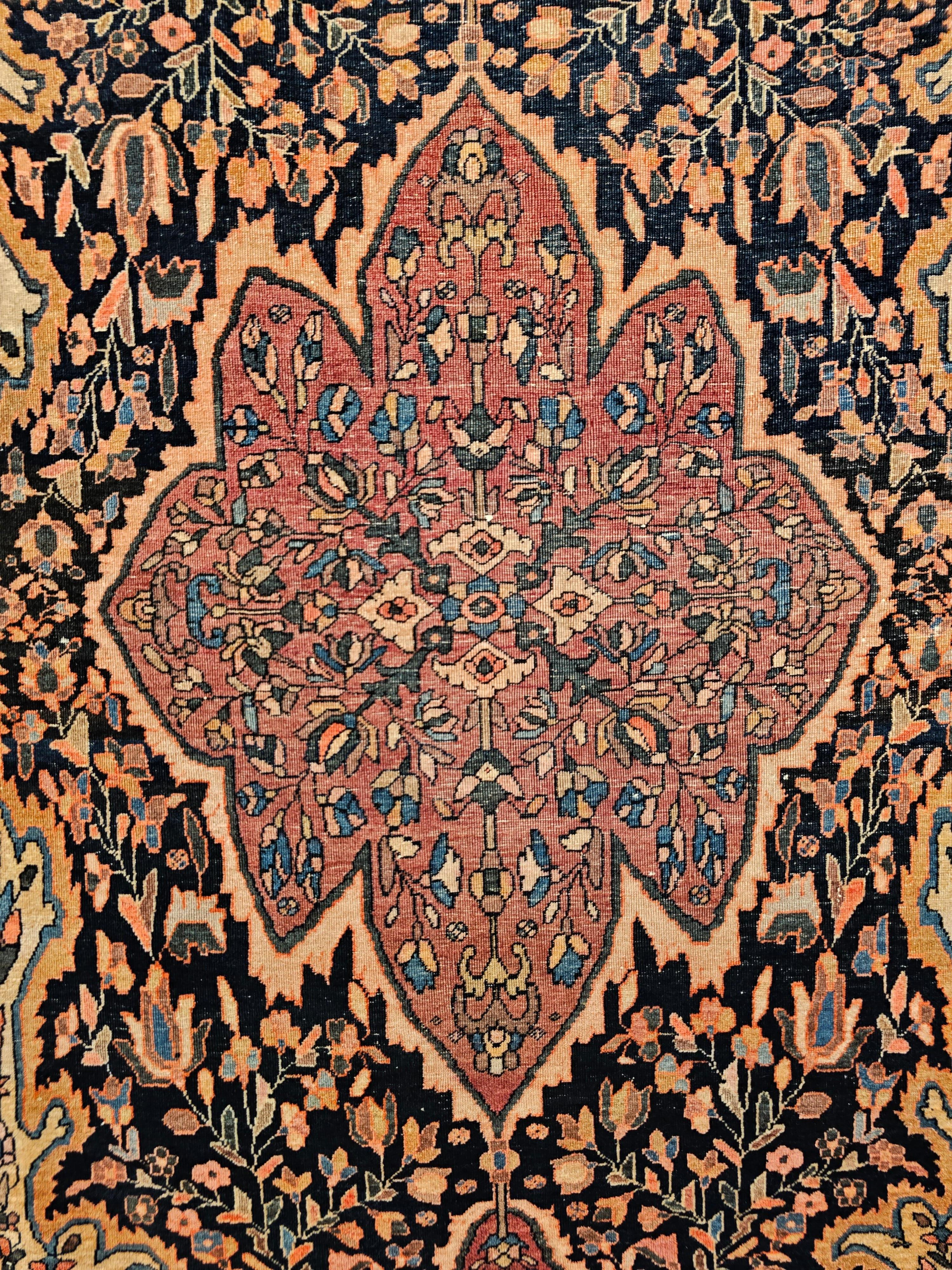 Wool 19th Century Persian Farahan Area Rug in Floral Pattern in Navy Blue, Plum Red For Sale