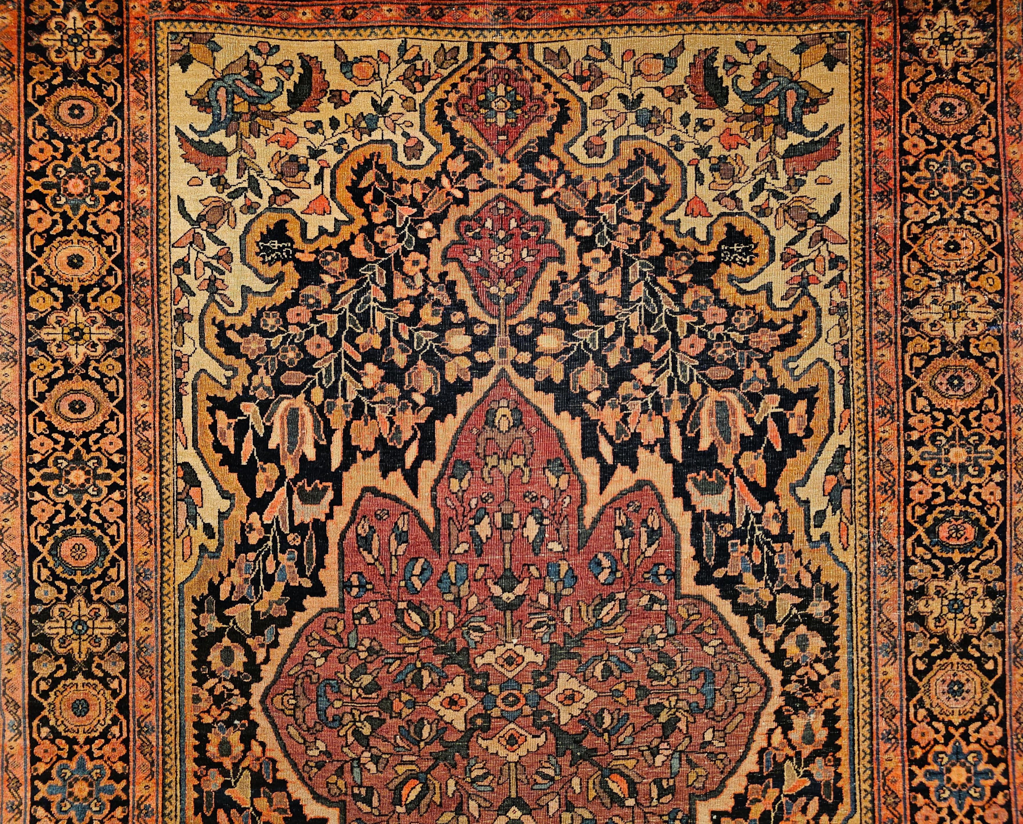 19th Century Persian Farahan Area Rug in Floral Pattern in Navy Blue, Plum Red For Sale 1