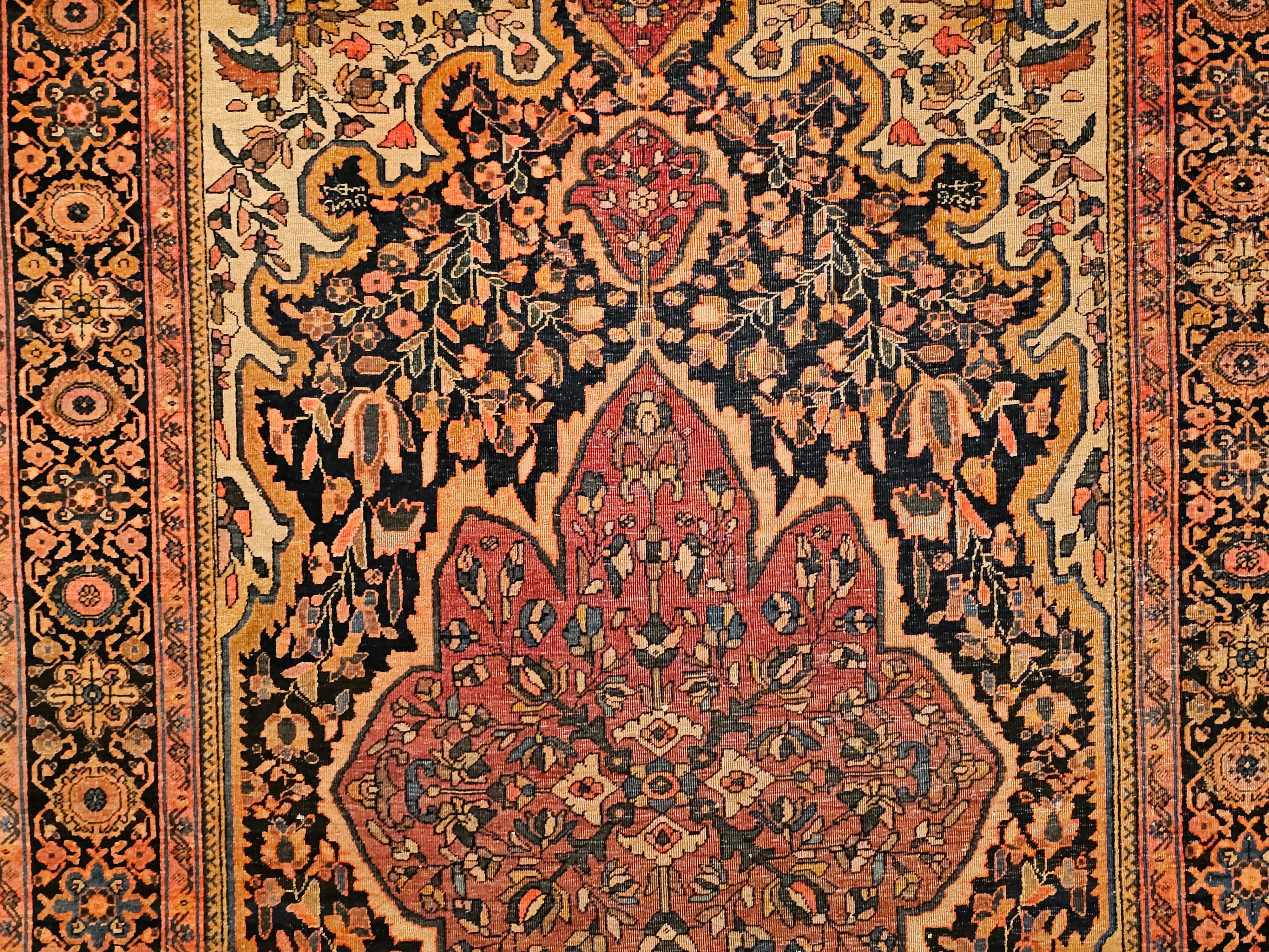 19th Century Persian Farahan Area Rug in Floral Pattern in Navy Blue, Plum Red For Sale 2