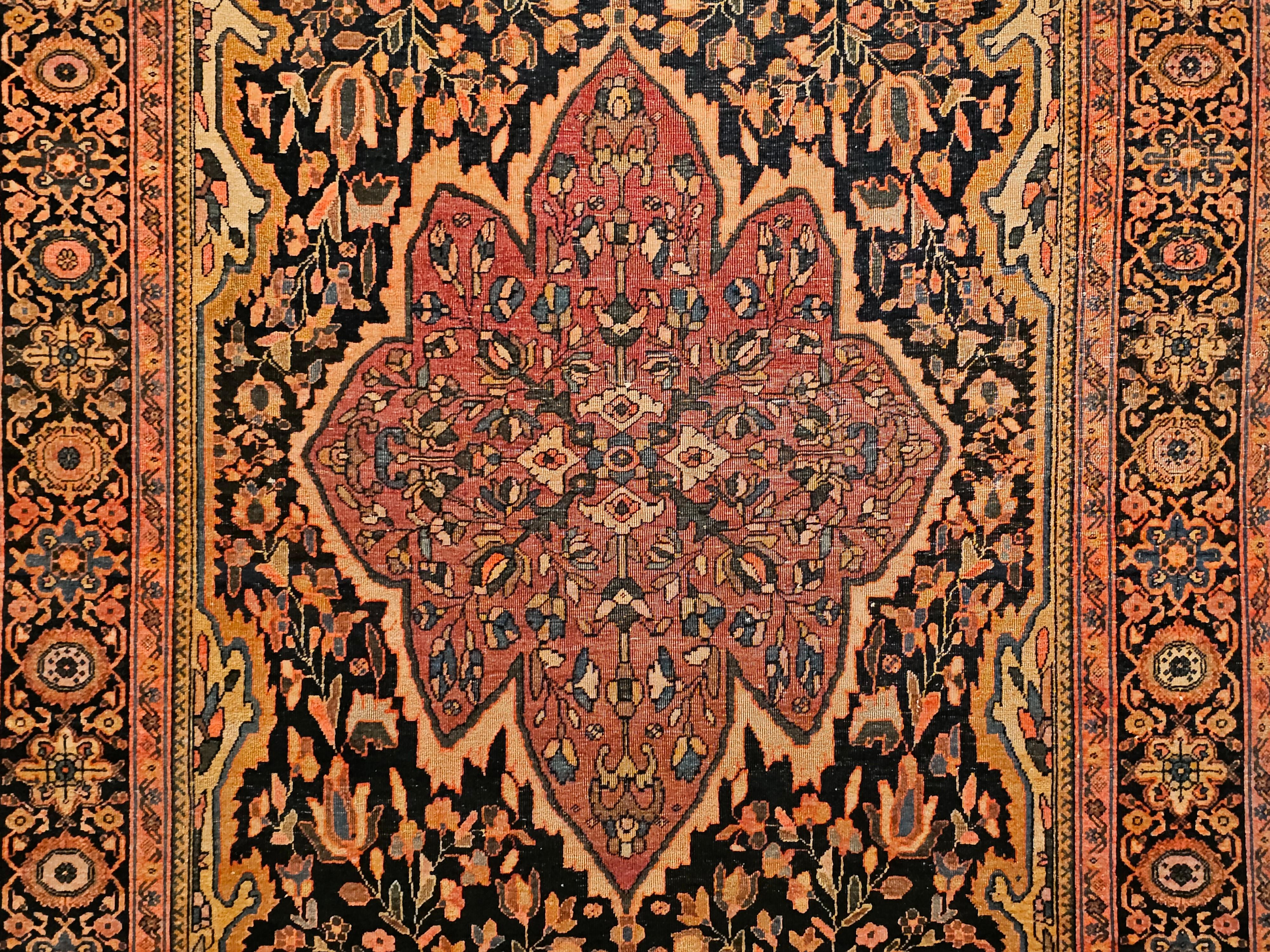 19th Century Persian Farahan Area Rug in Floral Pattern in Navy Blue, Plum Red For Sale 3