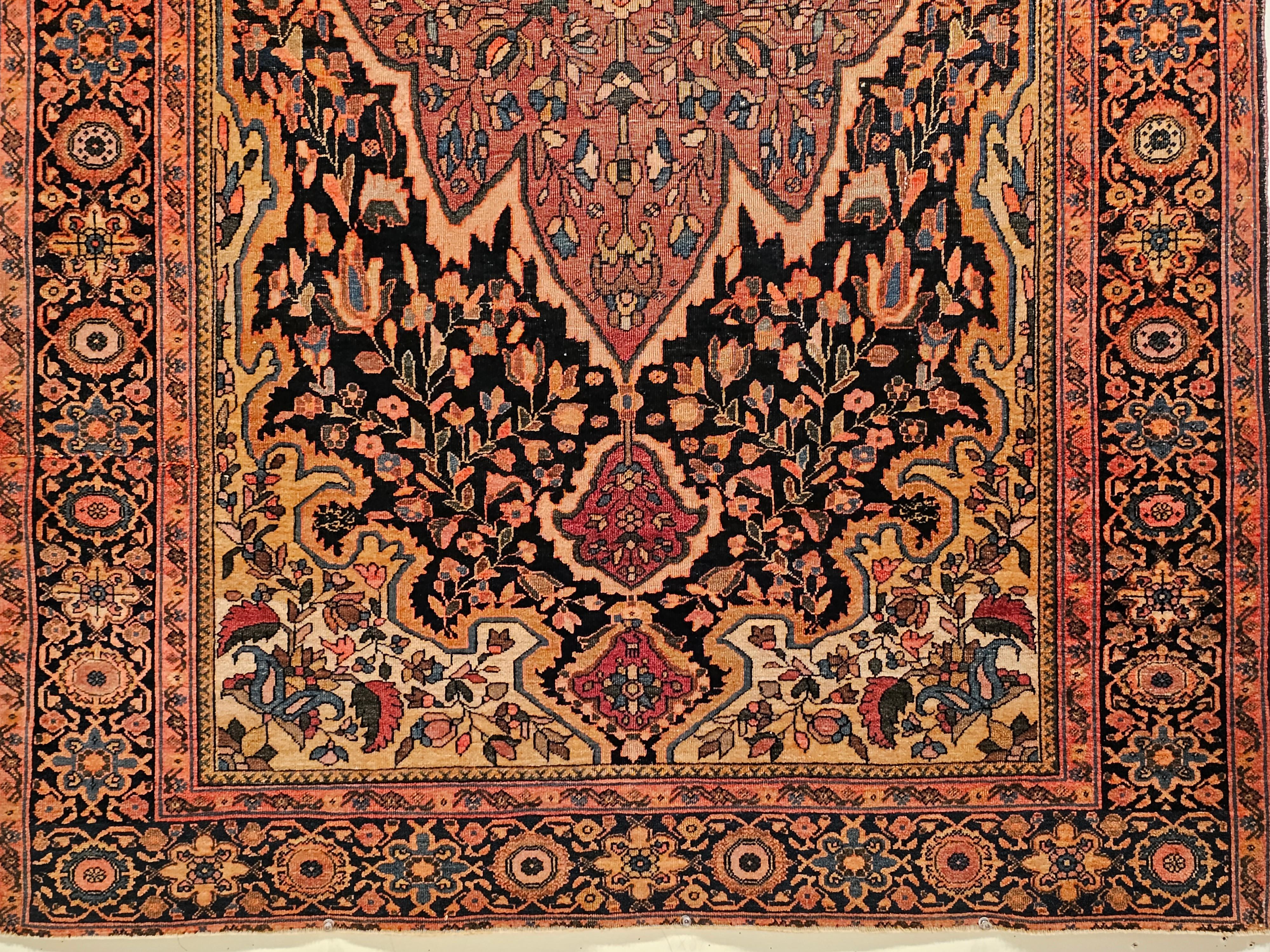 19th Century Persian Farahan Area Rug in Floral Pattern in Navy Blue, Plum Red For Sale 4