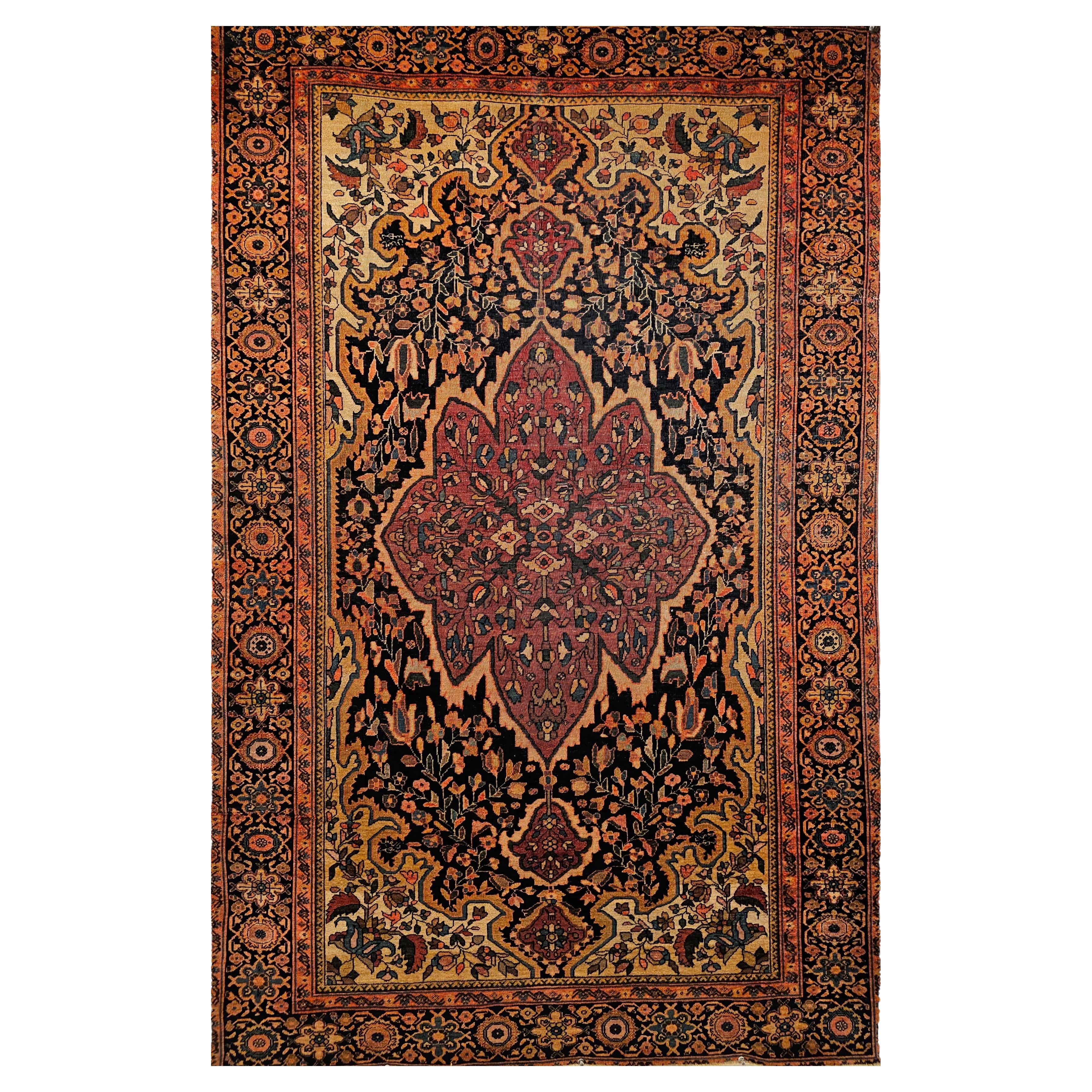 19th Century Persian Farahan Area Rug in Floral Pattern in Navy Blue, Plum Red