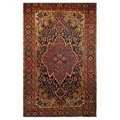 19th Century Persian Farahan Area Rug in Floral Pattern in Navy Blue, Plum Red