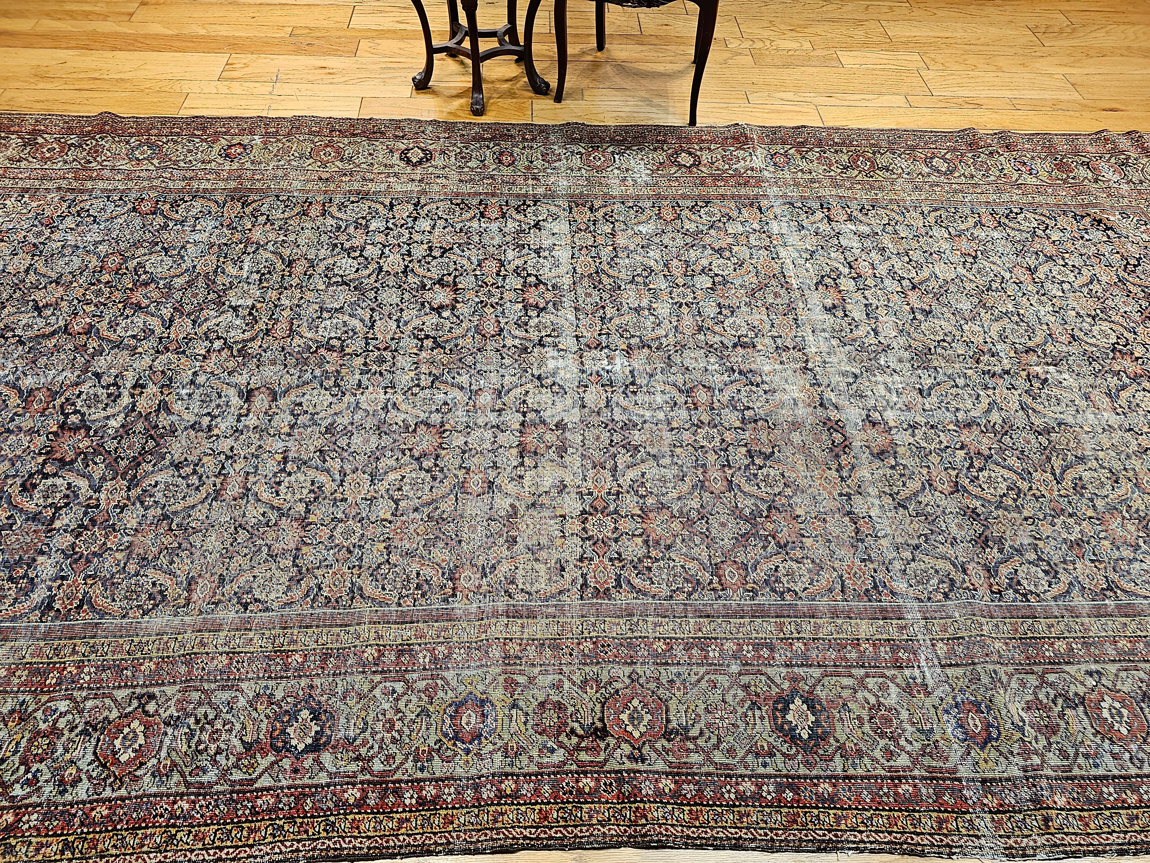 19th Century Persian Farahan in Allover Herati Pattern in Navy, Green, Burgundy For Sale 11