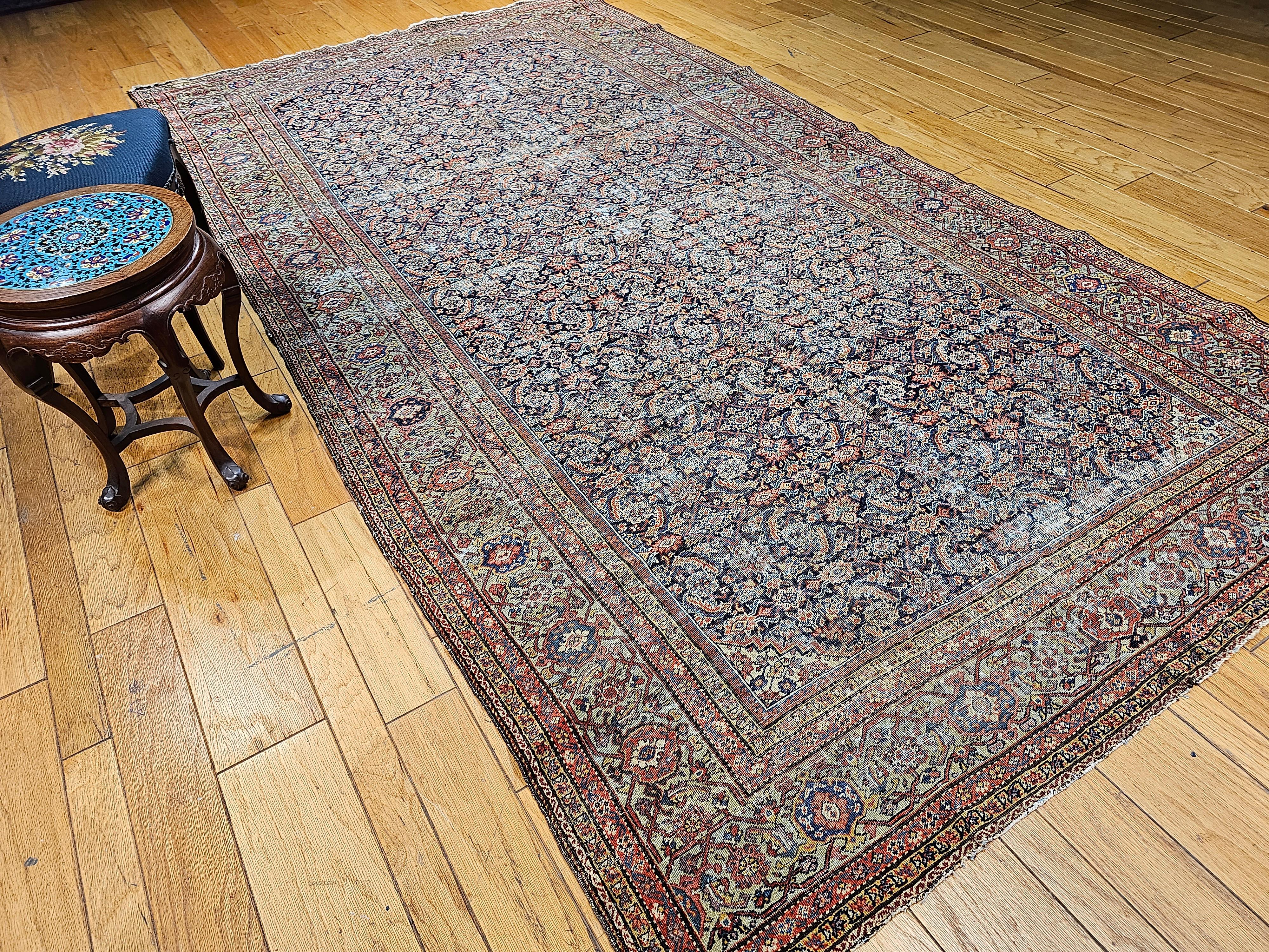 19th Century Persian Farahan in Allover Herati Pattern in Navy, Green, Burgundy For Sale 12