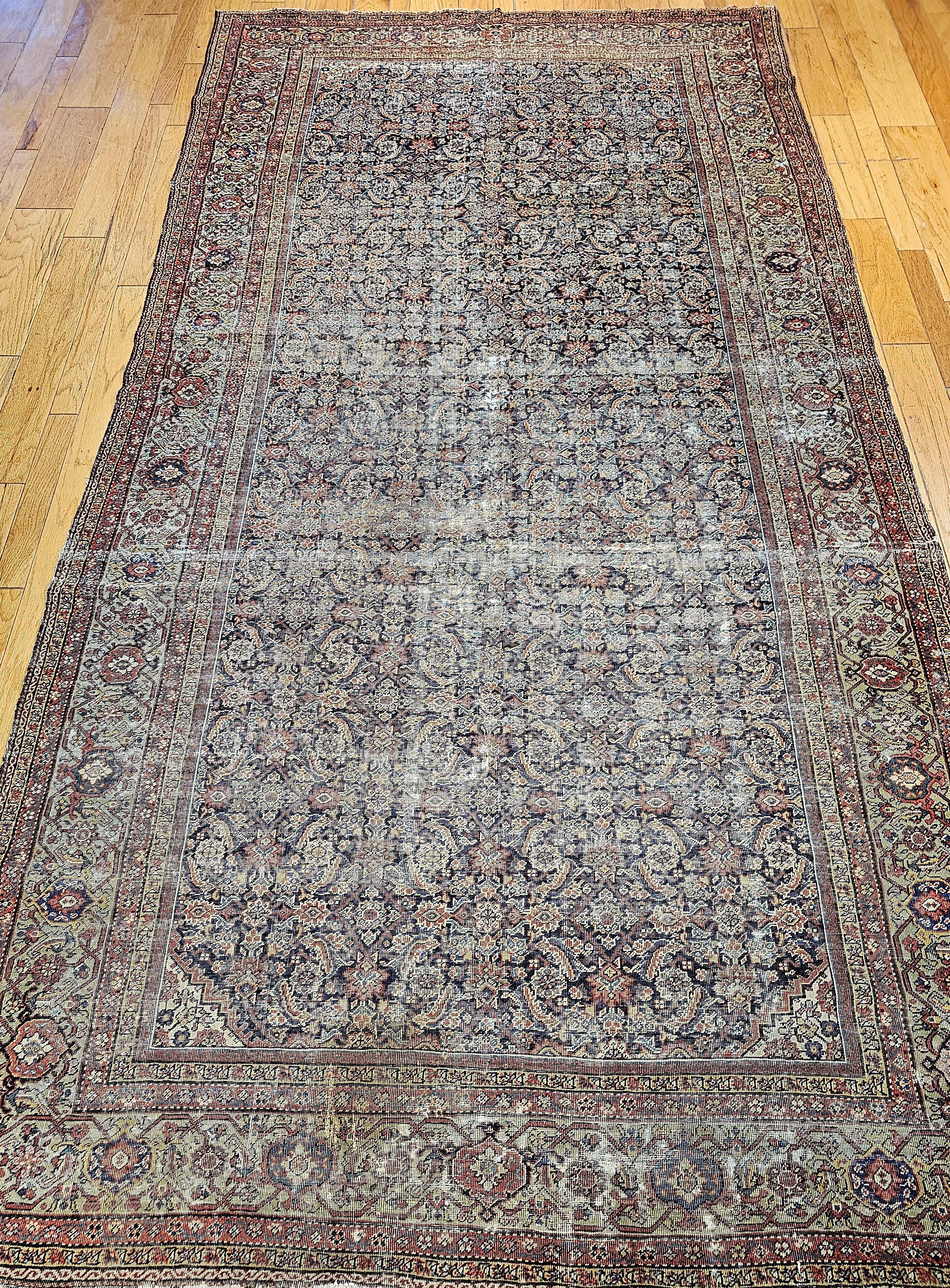 19th Century Persian Farahan in Allover Herati Pattern in Navy, Green, Burgundy For Sale 14
