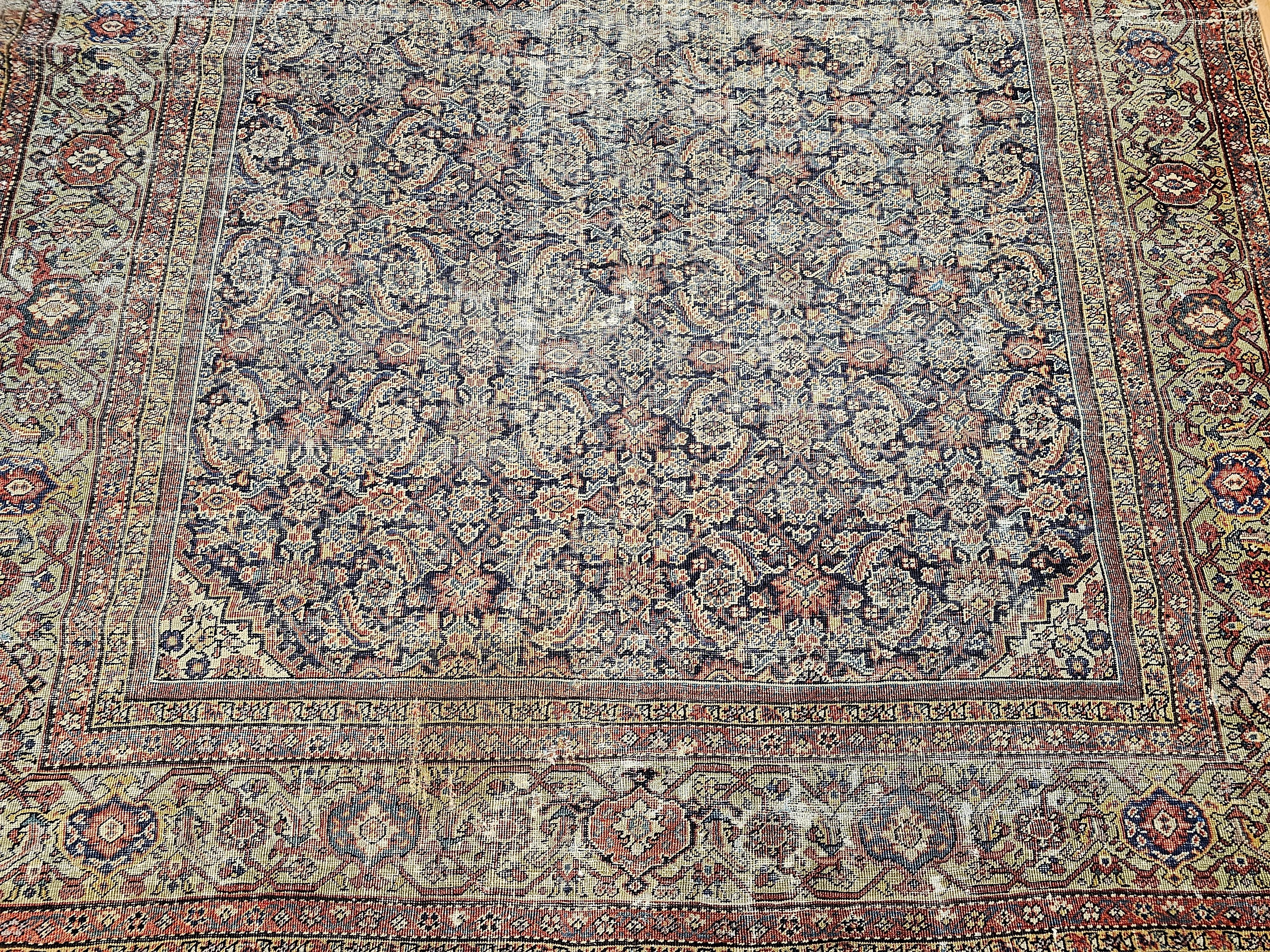 Hand-Knotted 19th Century Persian Farahan in Allover Herati Pattern in Navy, Green, Burgundy For Sale