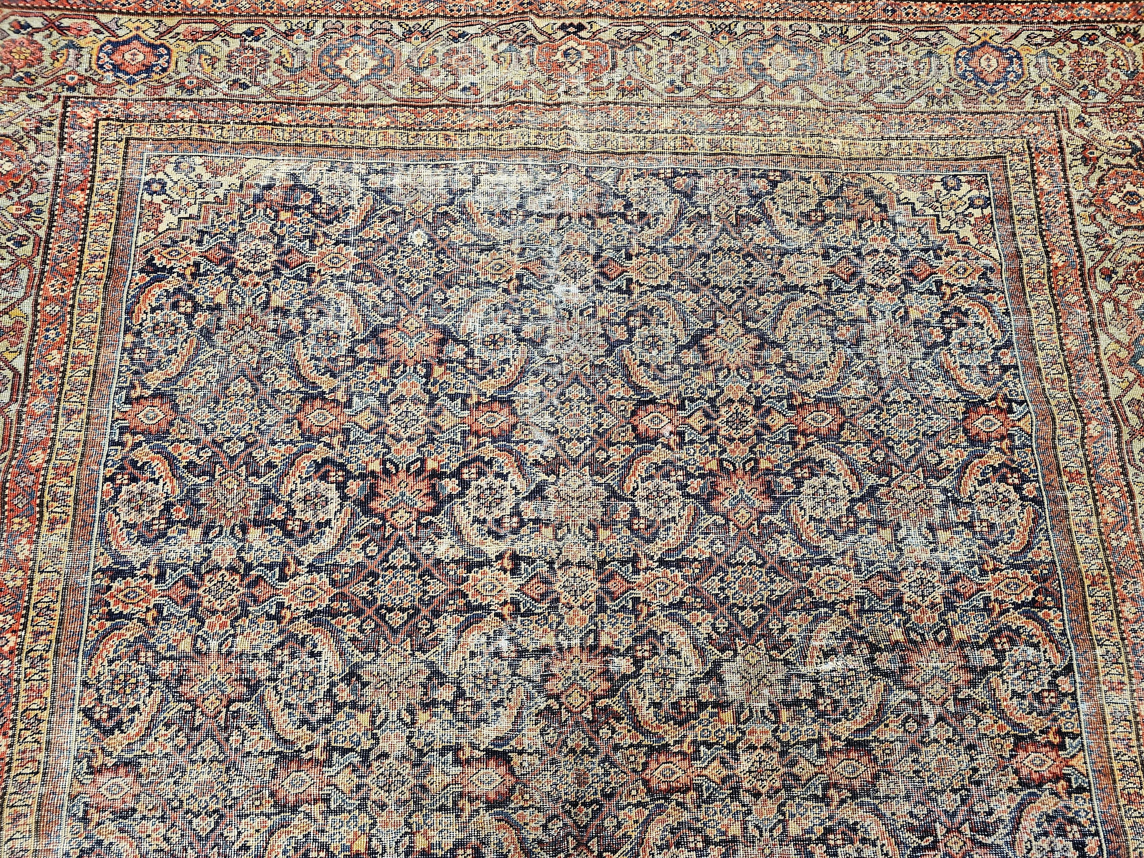 Wool 19th Century Persian Farahan in Allover Herati Pattern in Navy, Green, Burgundy For Sale