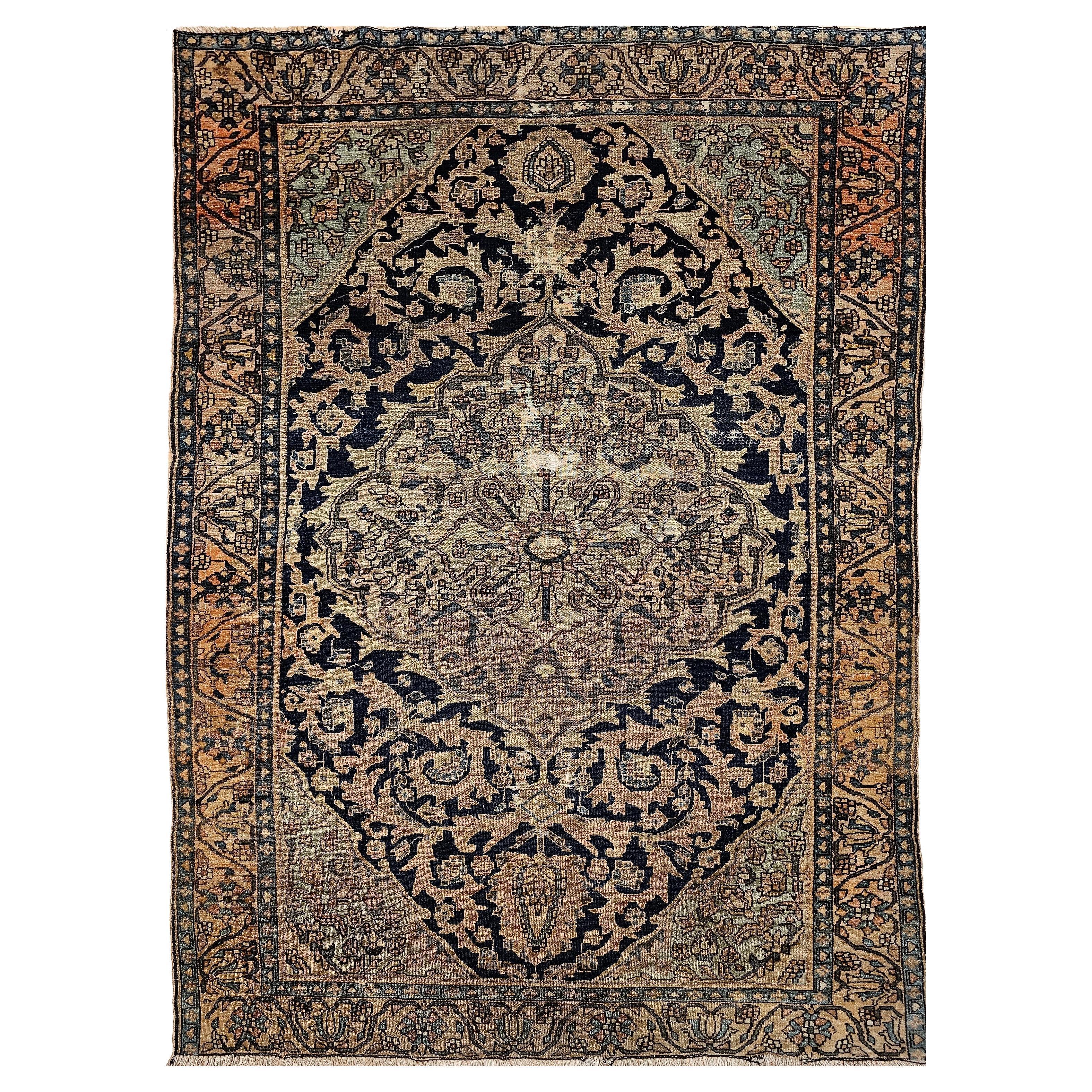 19th Century Persian Farahan Sarouk Area Rug in Ivory, Navy, Green, and Blue