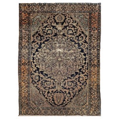 19th Century Persian Farahan Sarouk Area Rug in Ivory, Navy, Green, and Blue