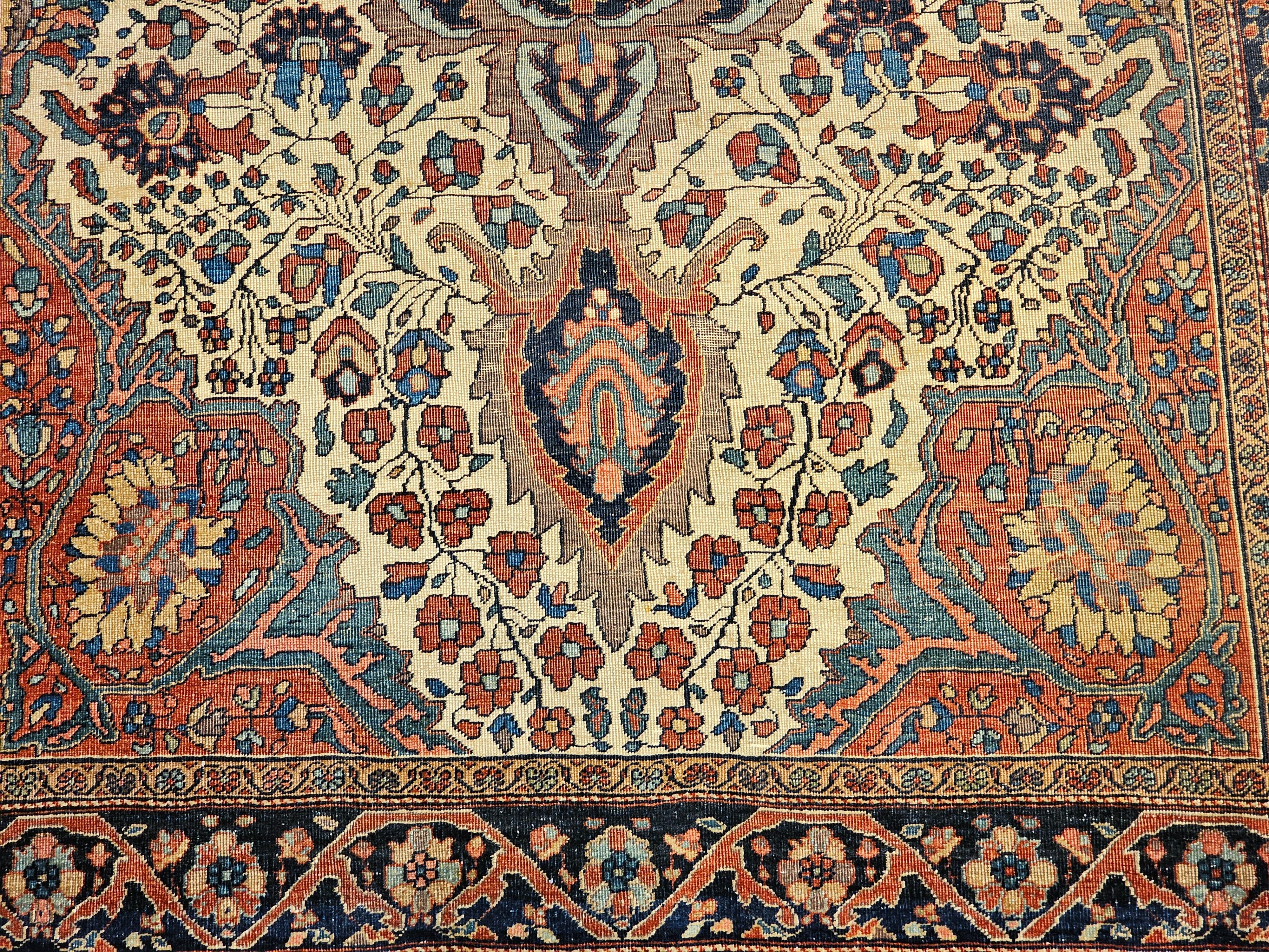 Tappeto persiano del XIX secolo Sarouk Farahan con motivo floreale in avorio e blu in vendita 5