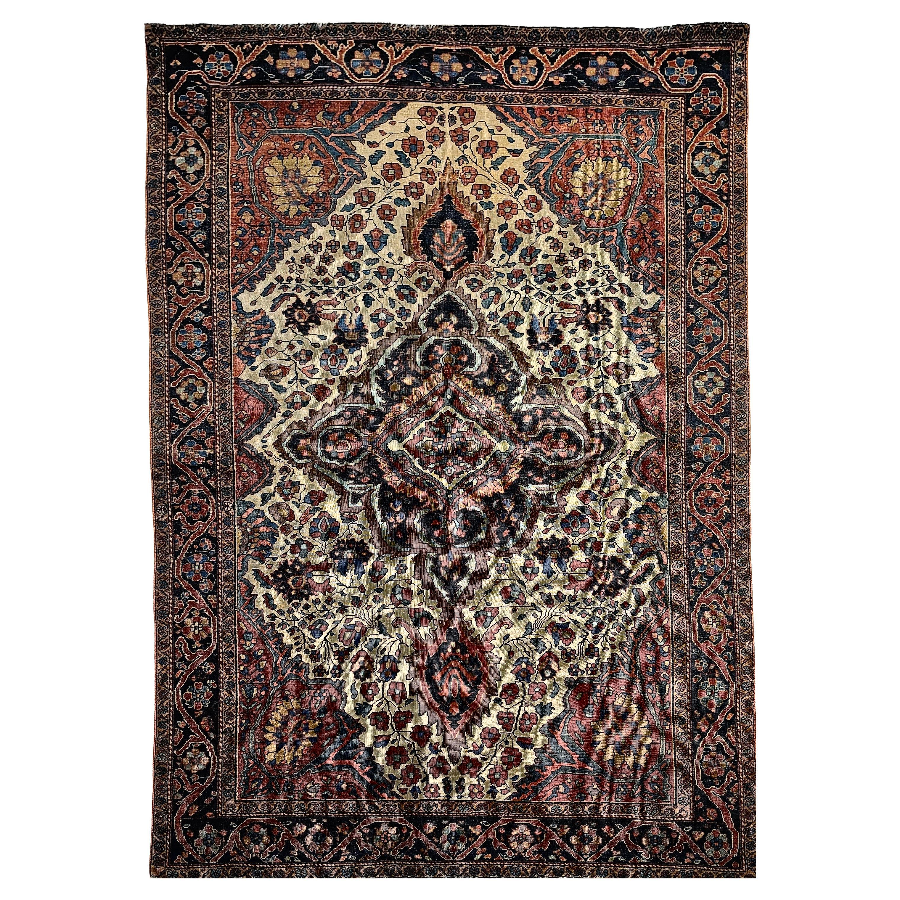 19th Century Persian Farahan Sarouk Area Rug in Floral Pattern in Ivory, Blue