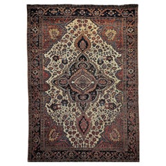 19th Century Persian Farahan Sarouk Area Rug in Floral Pattern in Ivory, Blue