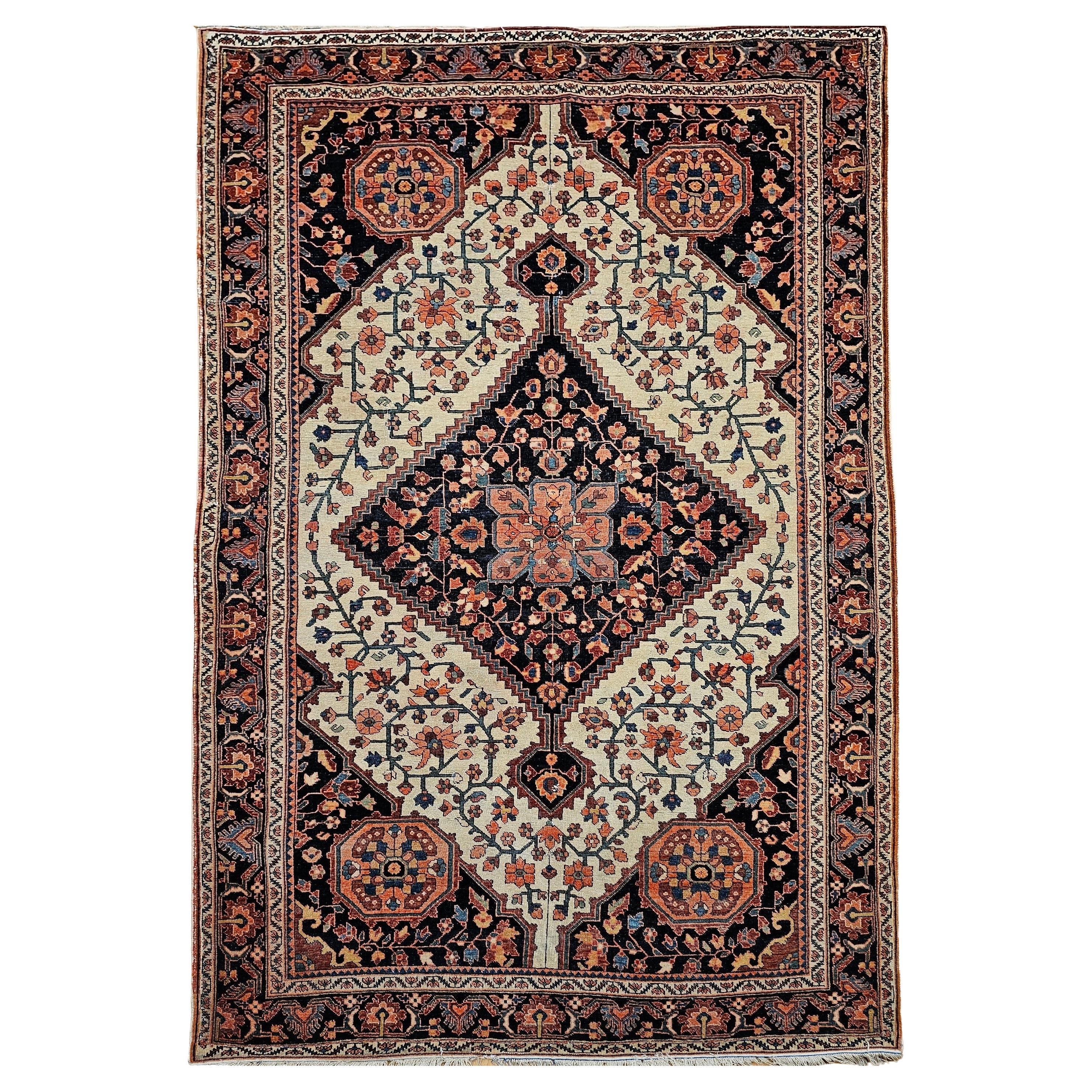 19th Century Persian Farahan Sarouk Area Rug in Floral Pattern in Ivory, Blue