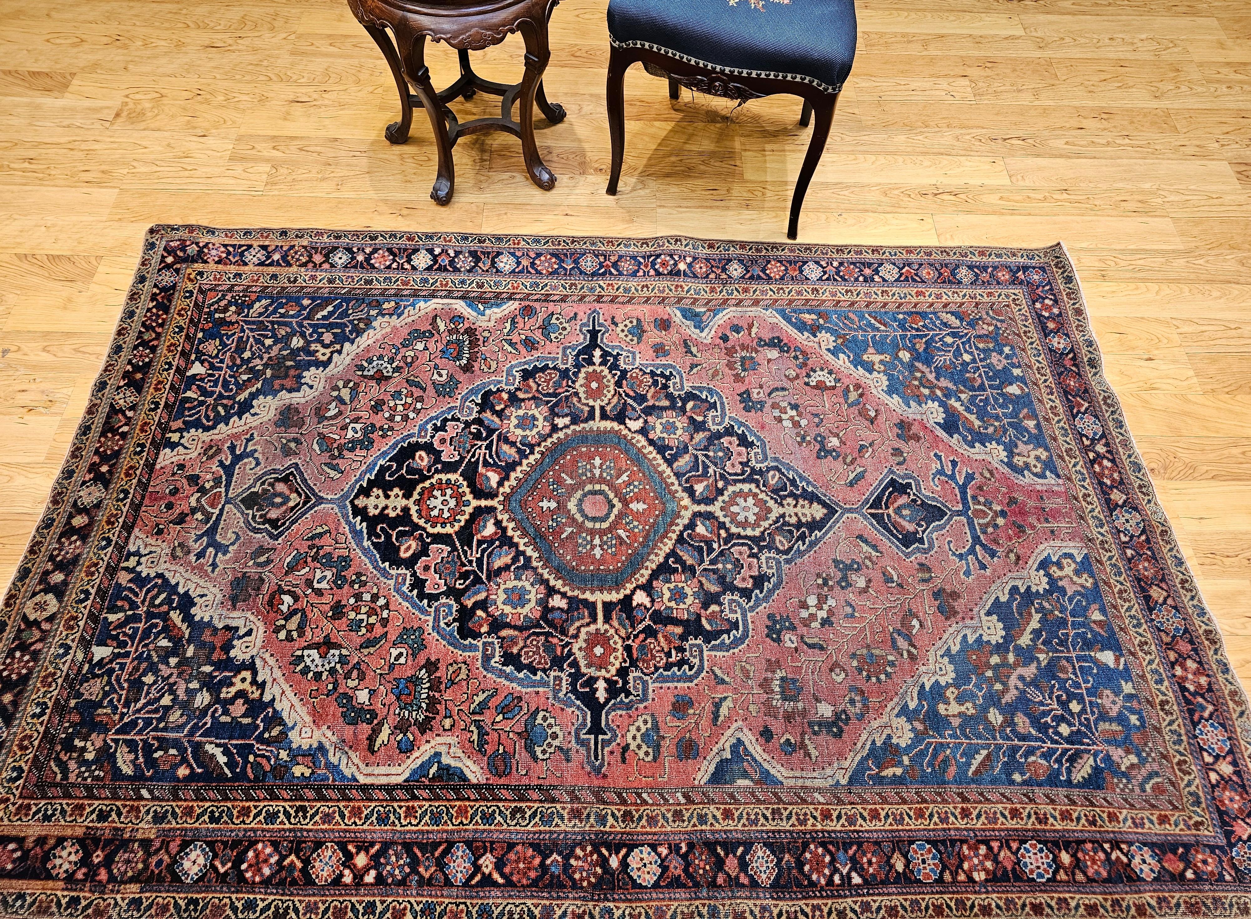 Early 20th Century Persian Farahan Sarouk Area Rug in Rust Red and French Blue For Sale 12
