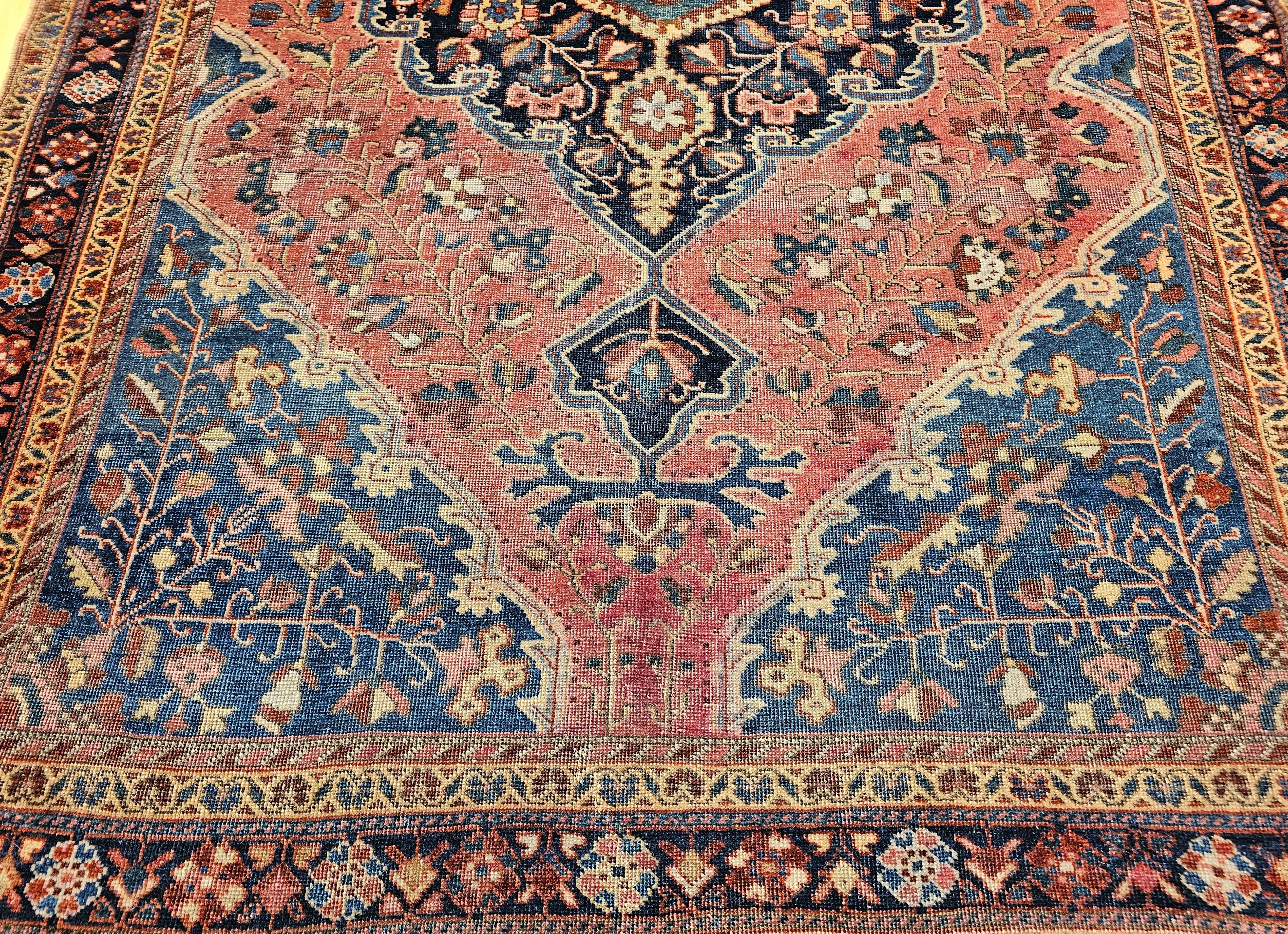 Wool Early 20th Century Persian Farahan Sarouk Area Rug in Rust Red and French Blue For Sale