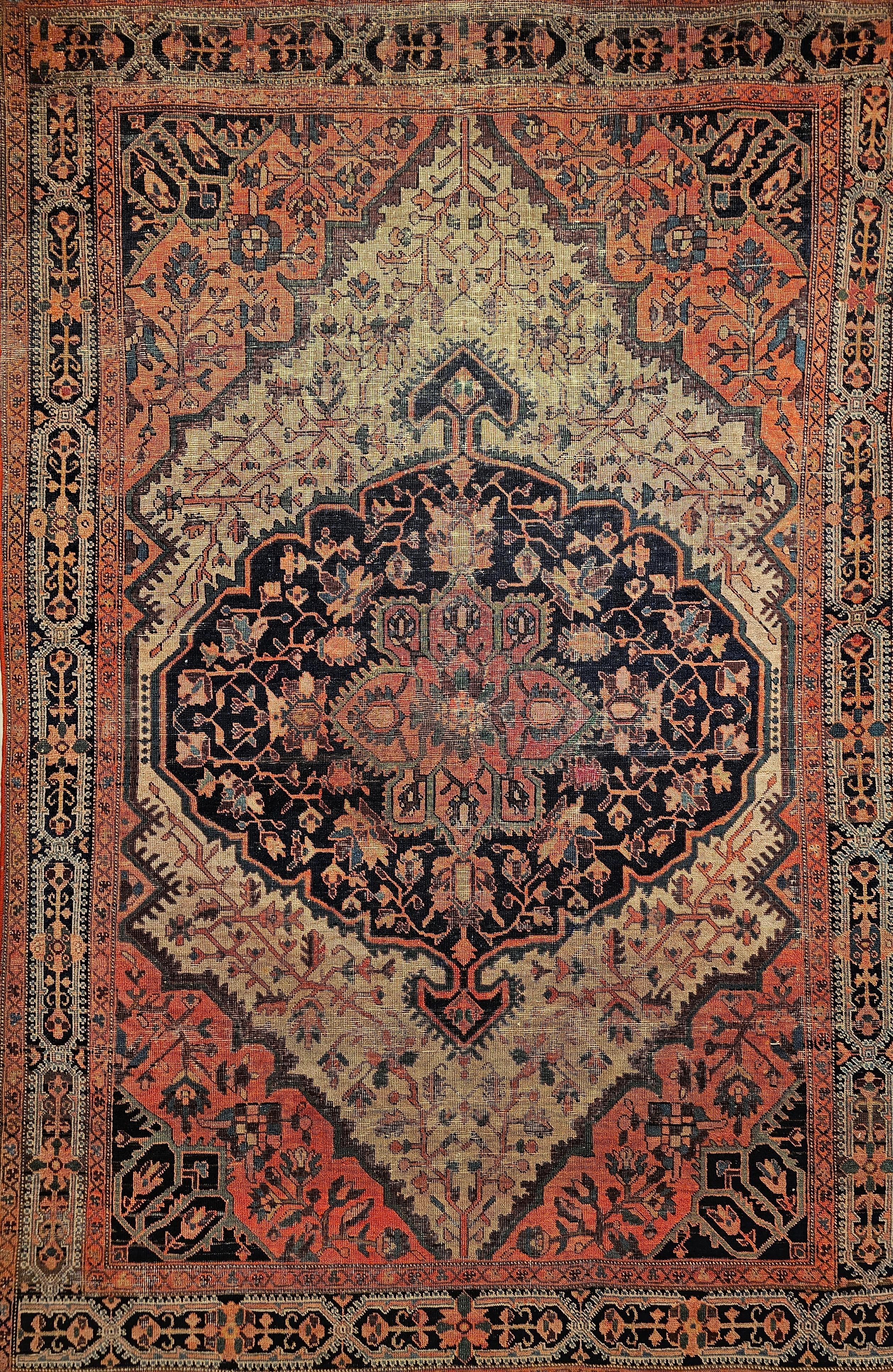 19th Century Persian Farahan Sarouk in Floral Pattern in Navy Blue, Terracotta For Sale 5