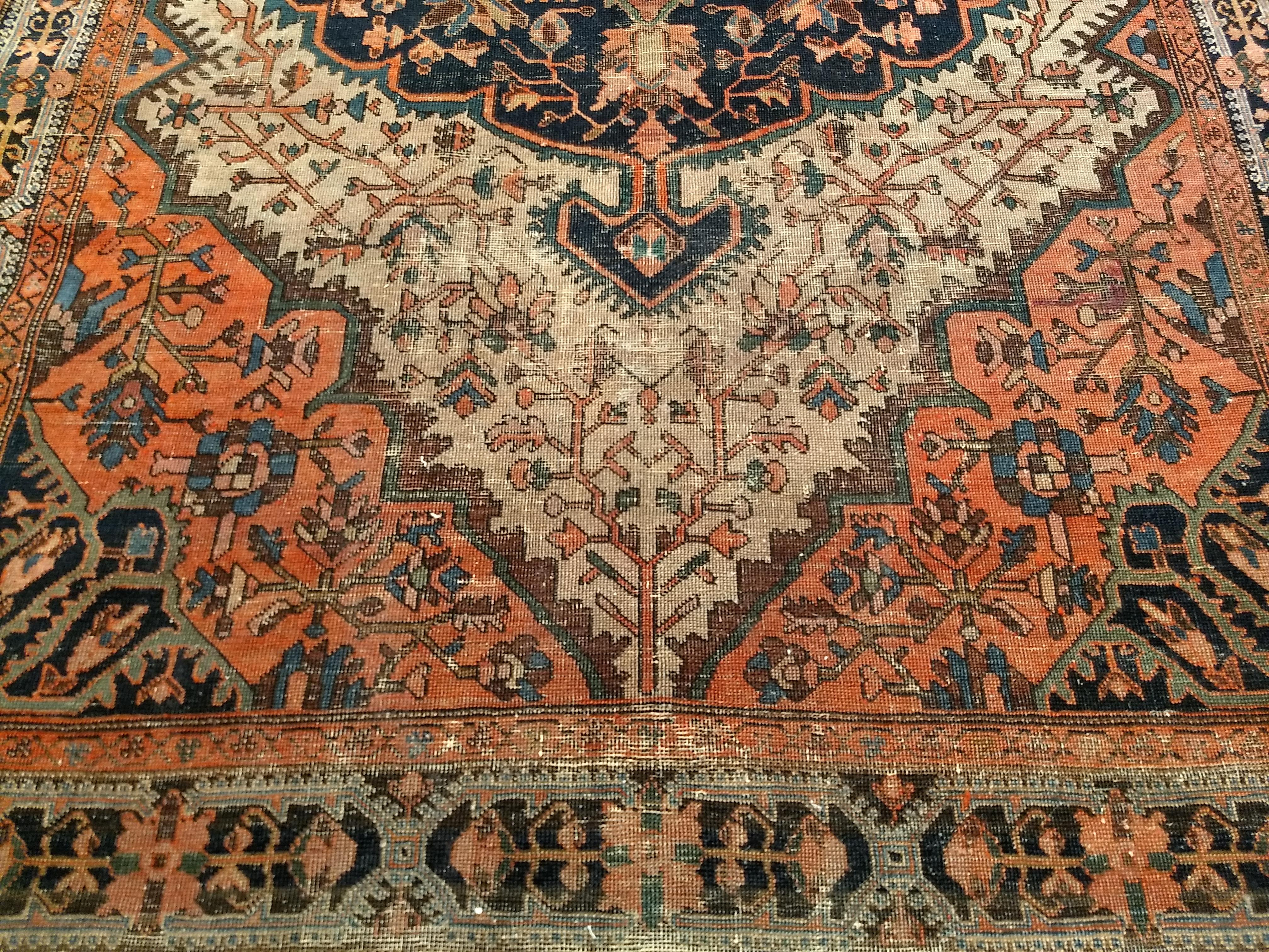 19th Century Persian Farahan Sarouk in Floral Pattern in Navy Blue, Terracotta For Sale 6