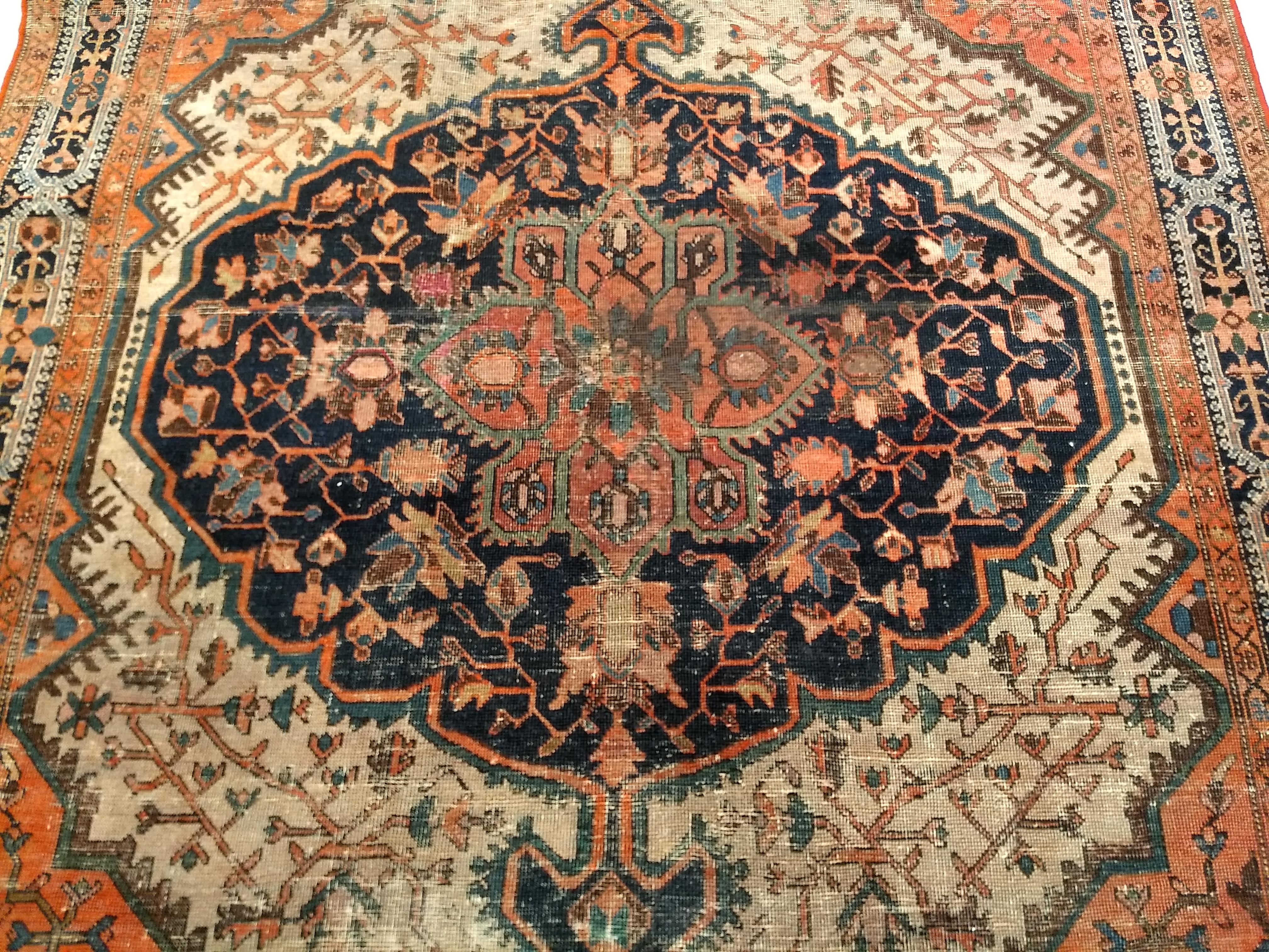 19th Century Persian Farahan Sarouk in Floral Pattern in Navy Blue, Terracotta For Sale 7