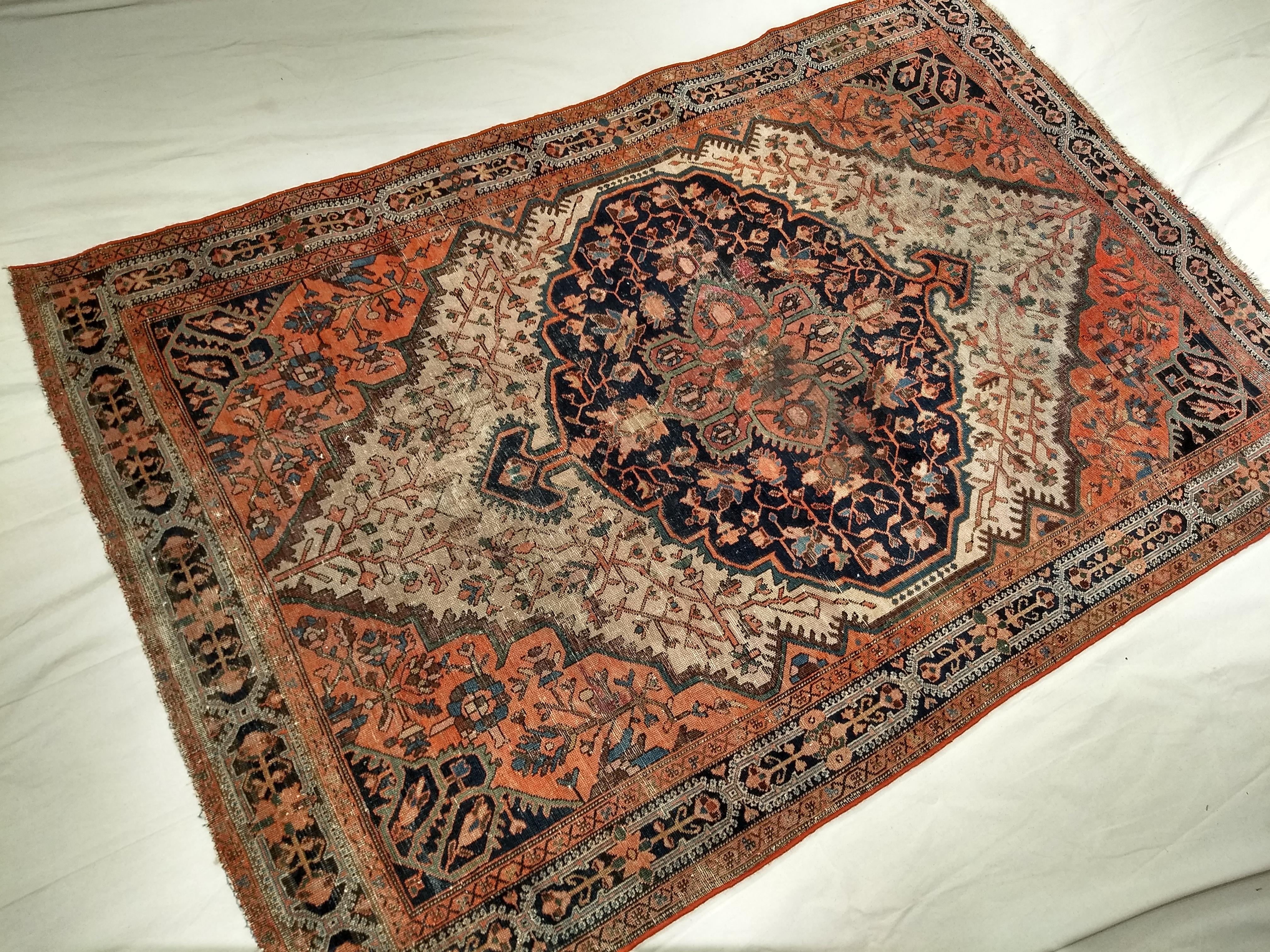 19th Century Persian Farahan Sarouk in Floral Pattern in Navy Blue, Terracotta For Sale 8