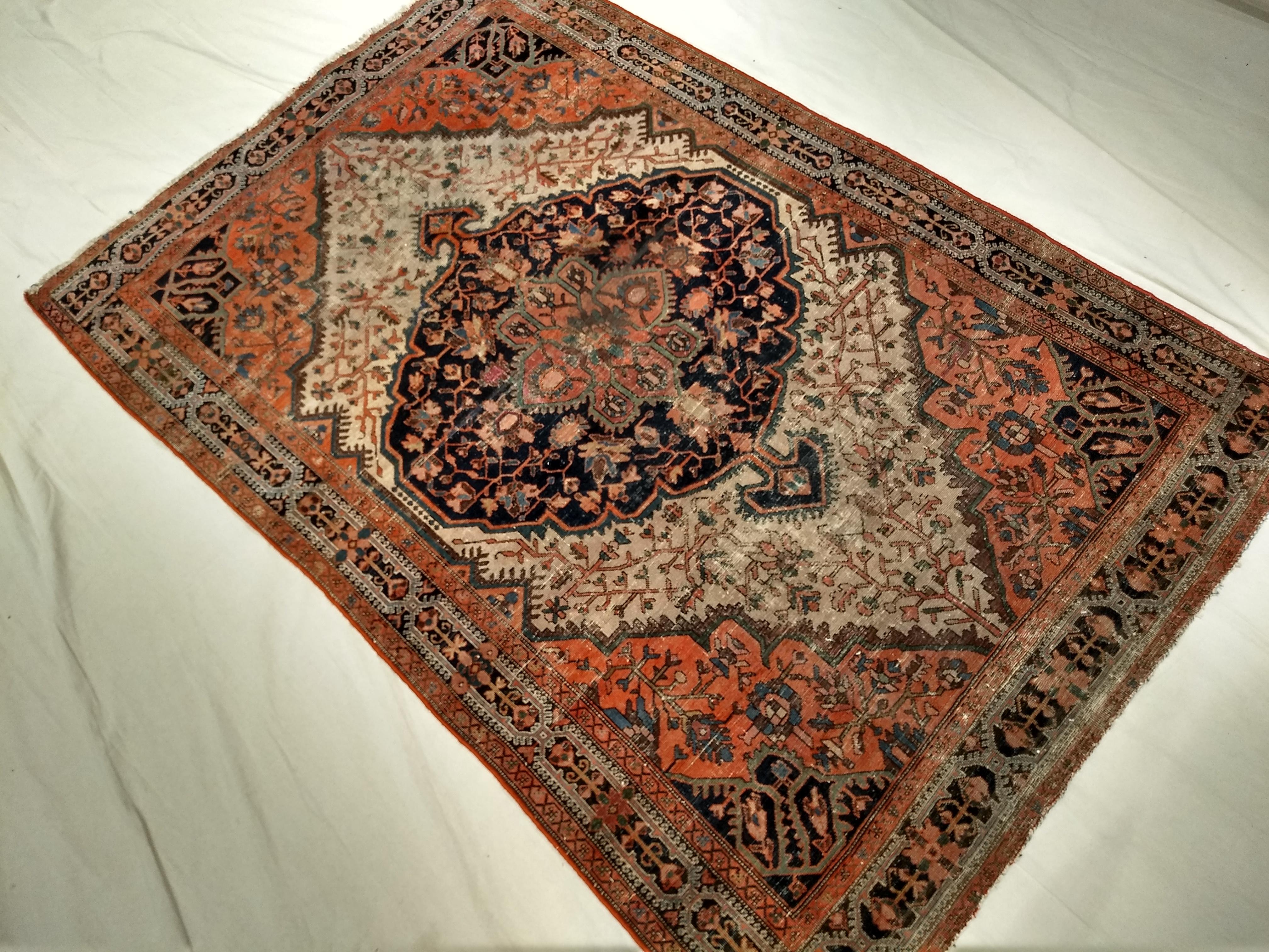 19th Century Persian Farahan Sarouk in Floral Pattern in Navy Blue, Terracotta For Sale 9